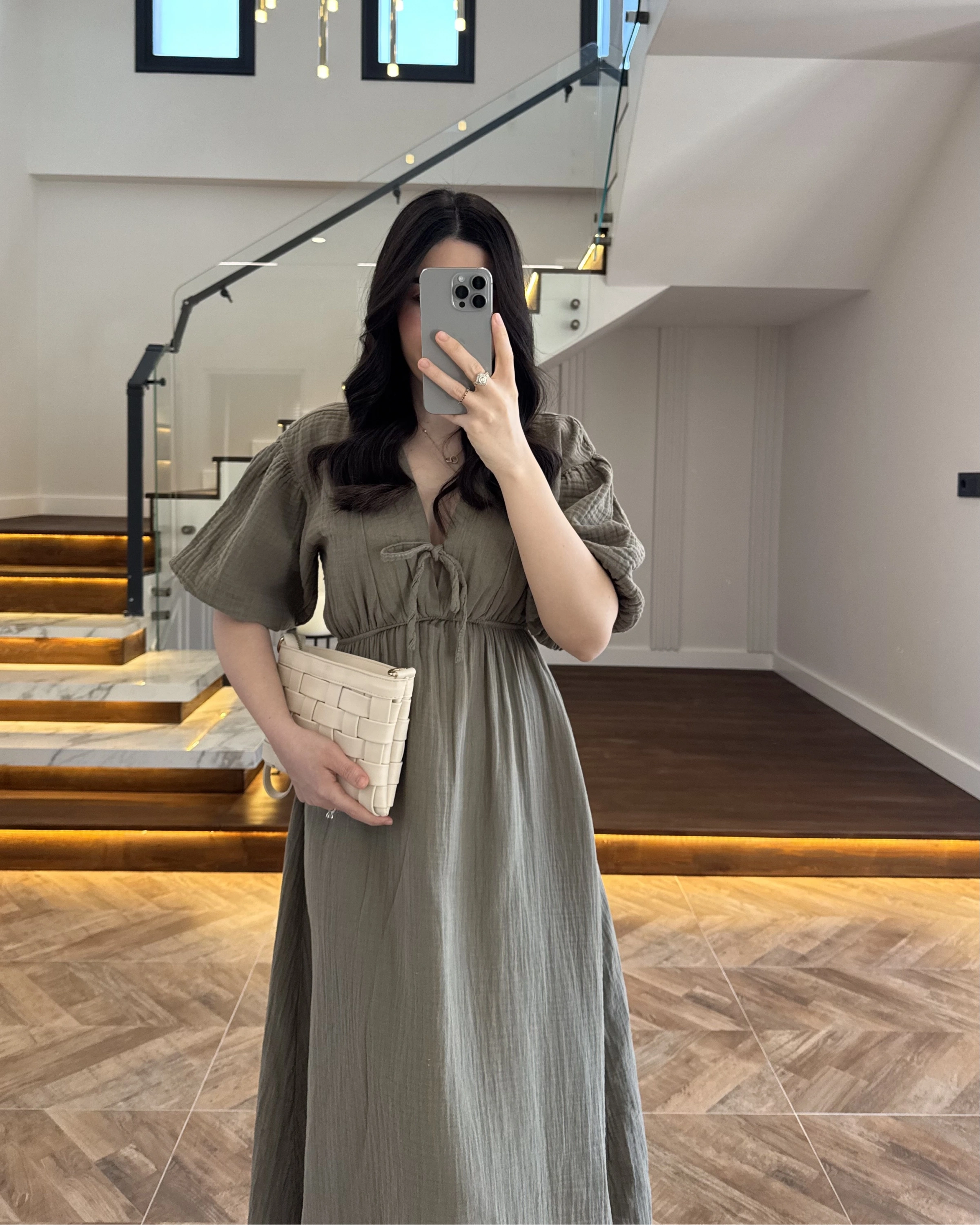 HAKİ MÜSLİN ELBİSE-3008