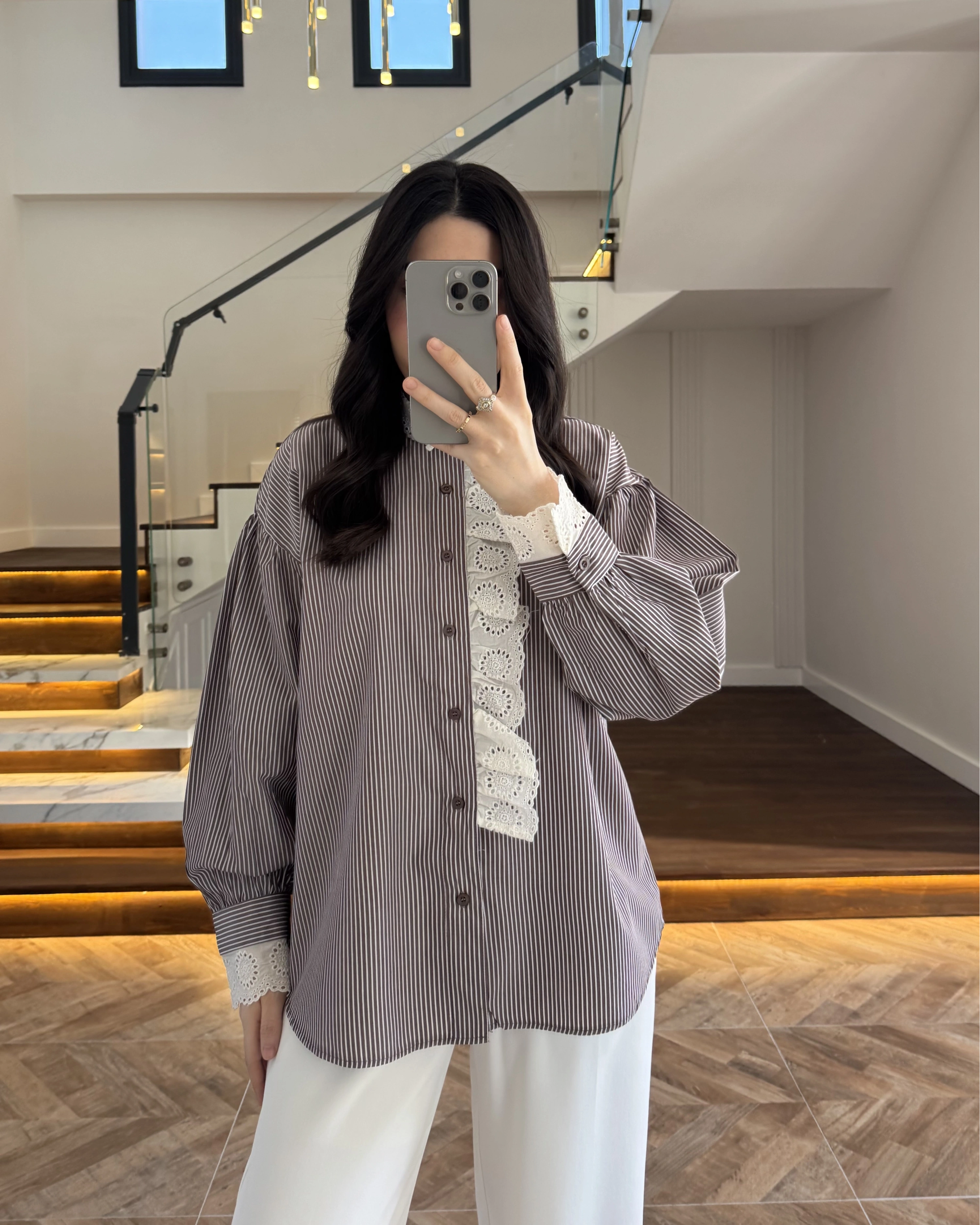 KAHVE ÇİZGİLİ GÜPÜRLÜ GÖMLEK -1326