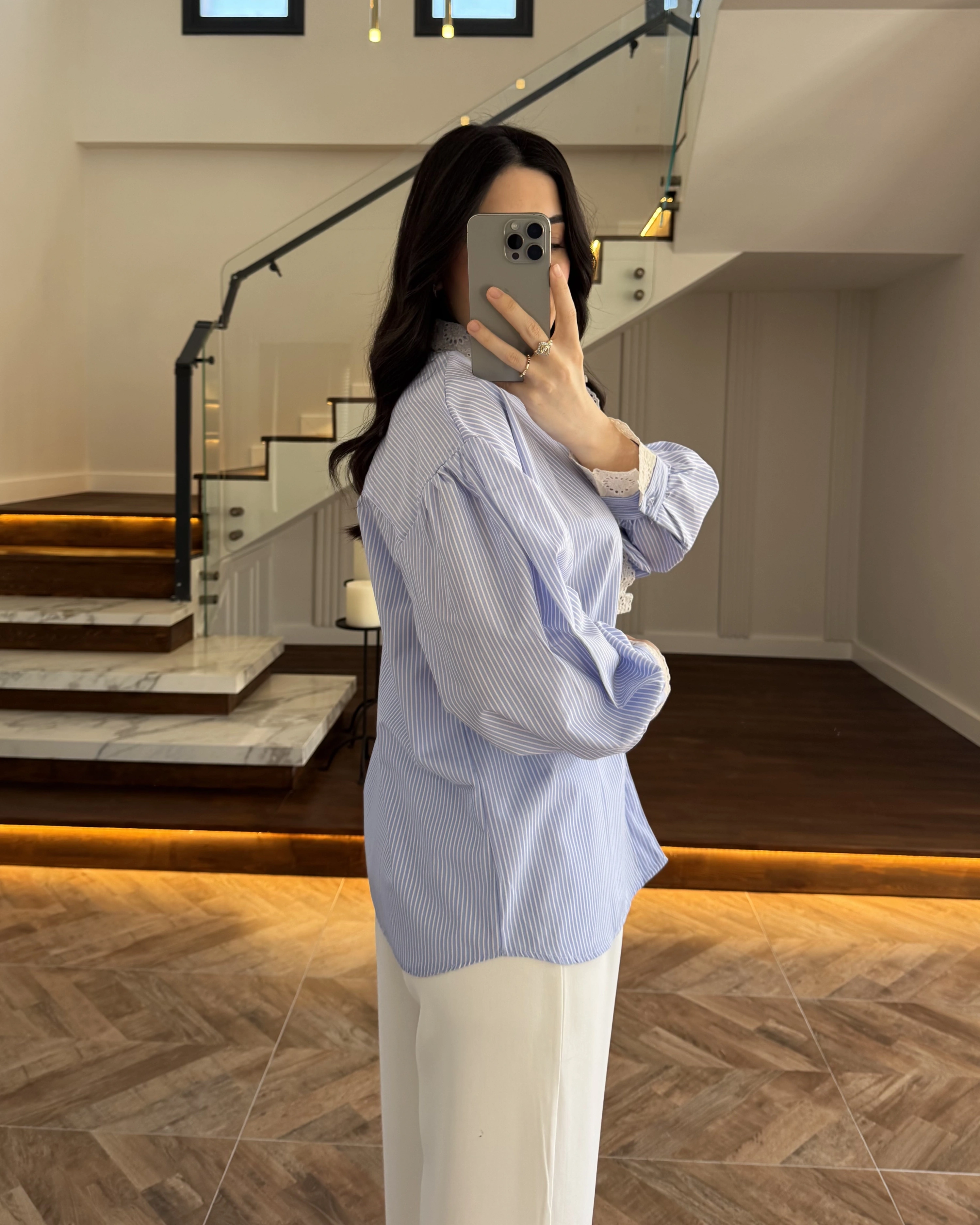 MAVİ ÇİZGİLİ GÜPÜRLÜ GÖMLEK -1326