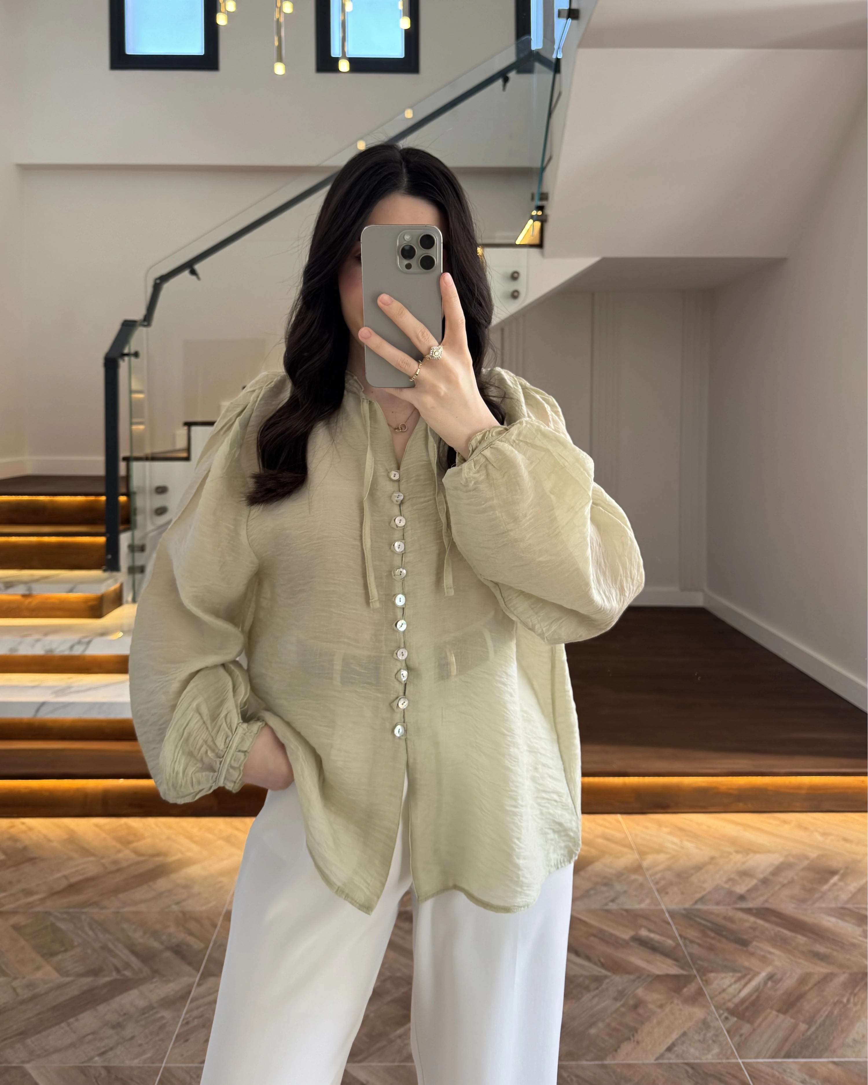 YEŞİL TRANSPARAN VİEL GÖMLEK-1138