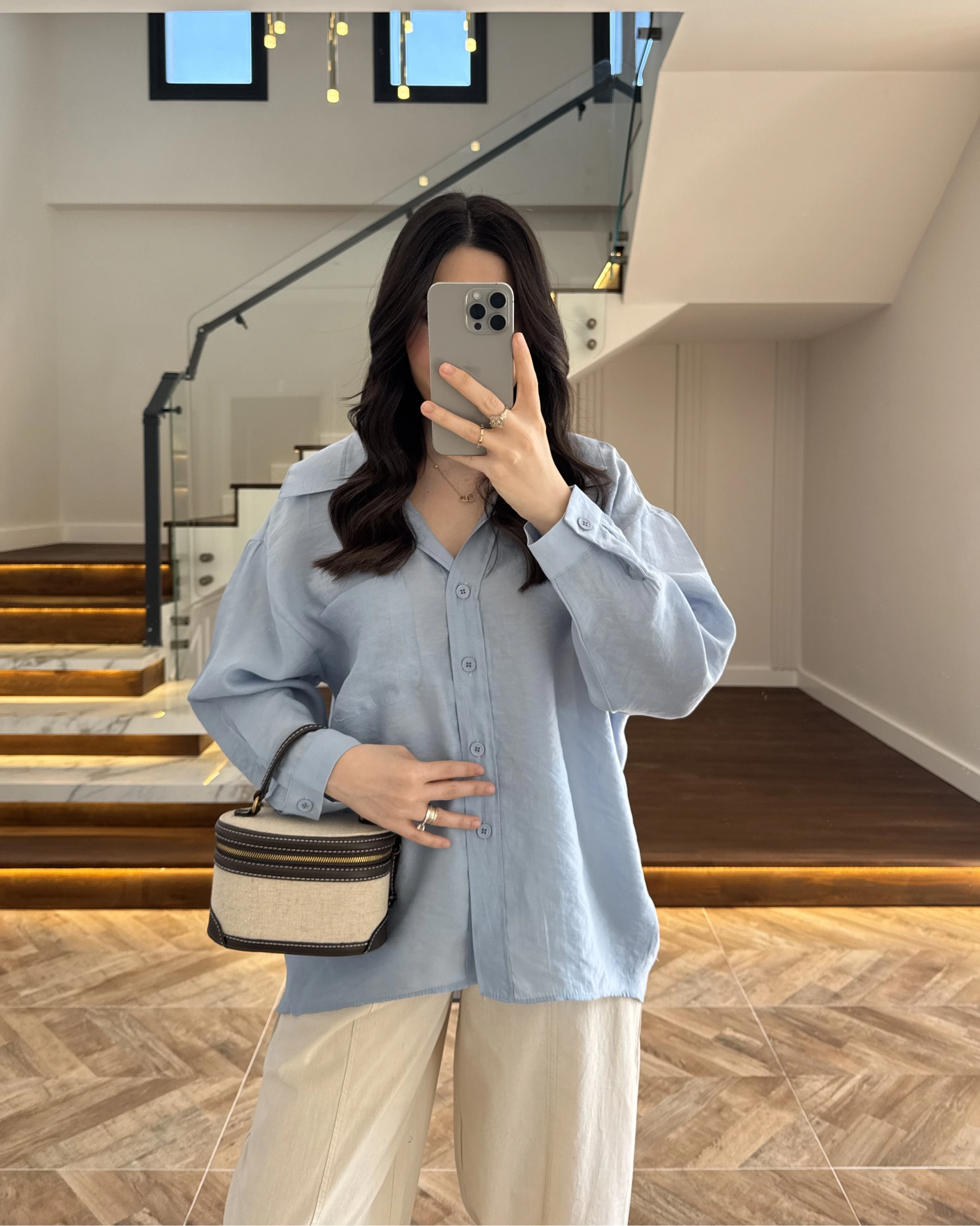 MAVİ DÜŞÜK OMUZ TENSEL GÖMLEK-4612