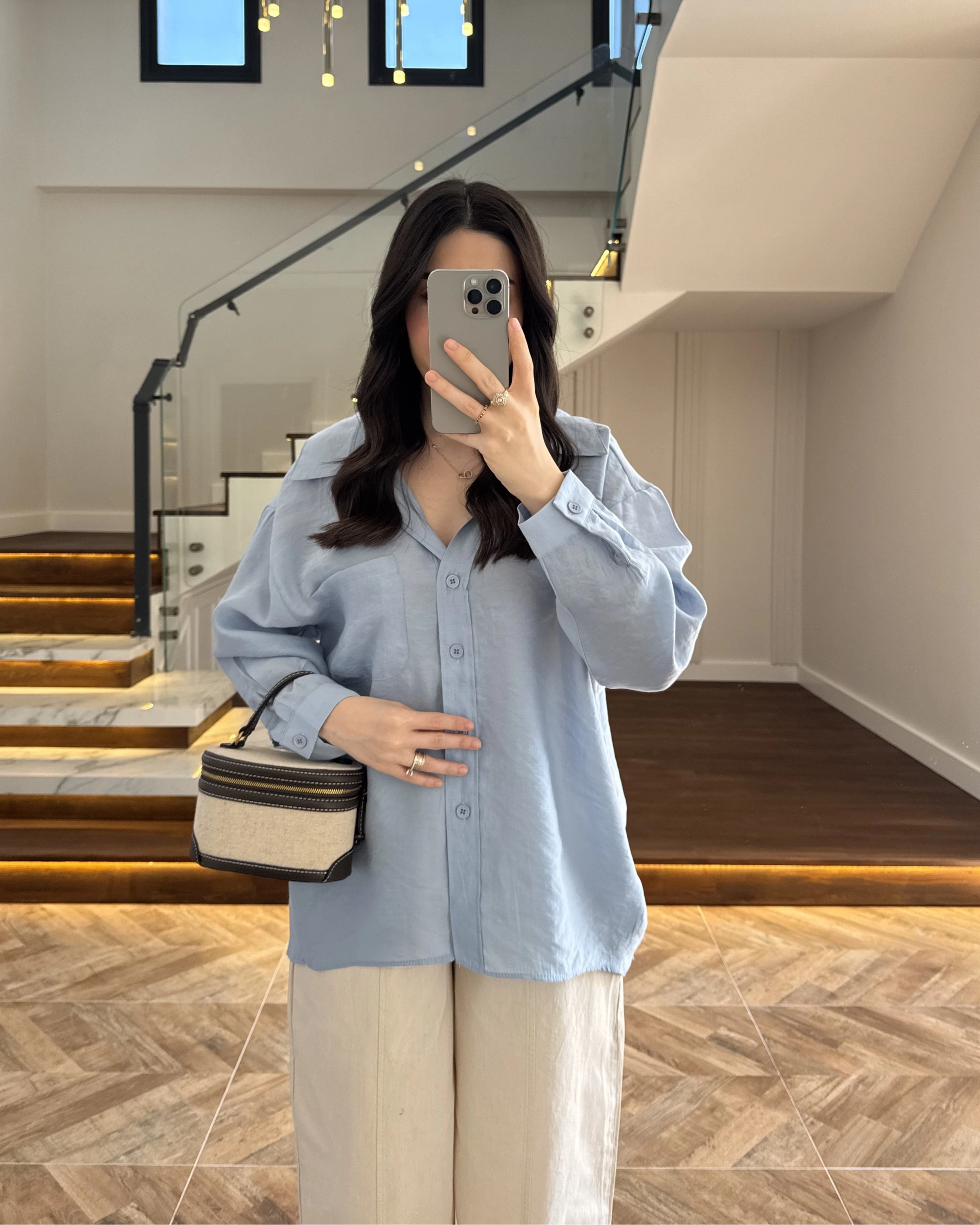 MAVİ DÜŞÜK OMUZ TENSEL GÖMLEK-4612