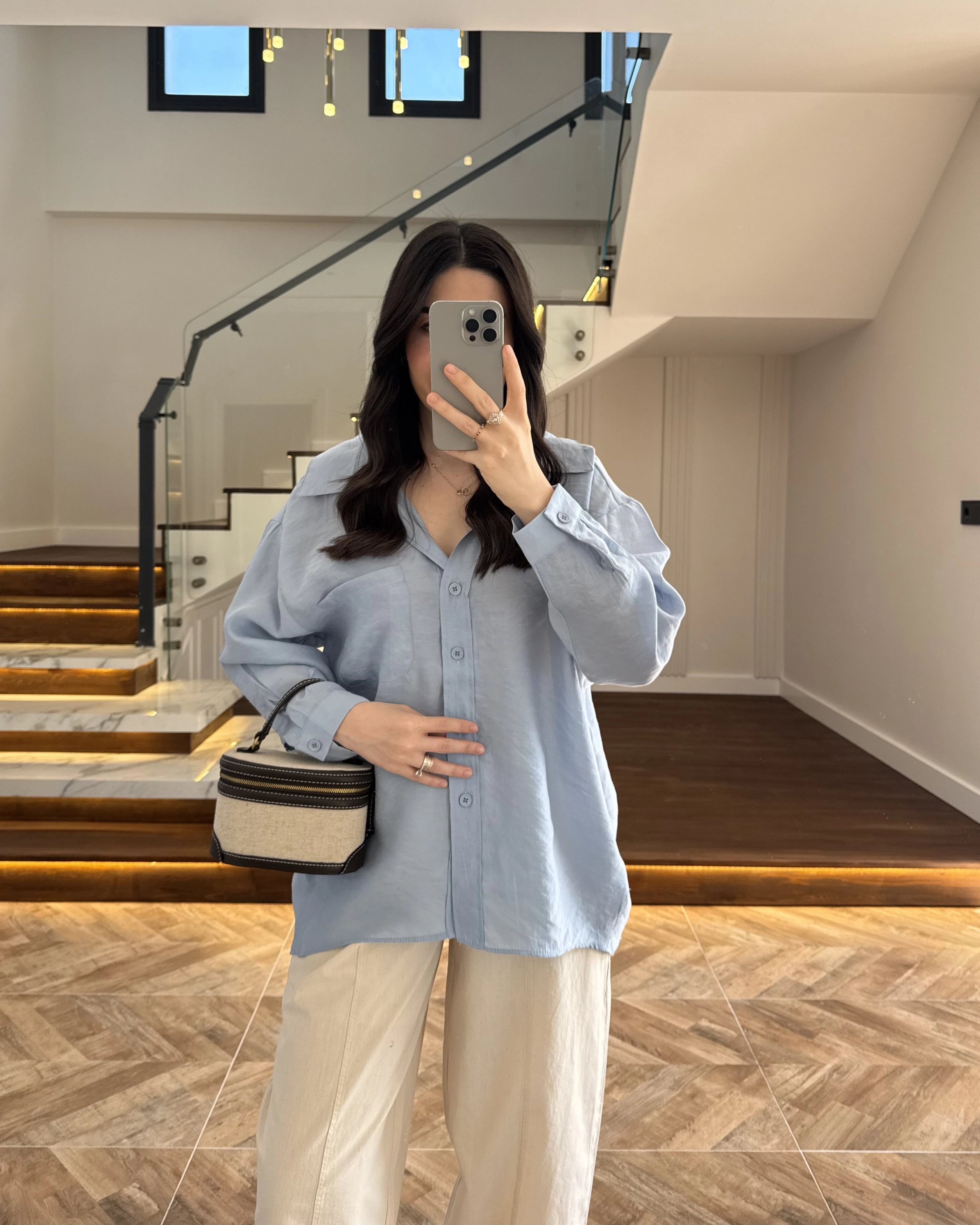 MAVİ DÜŞÜK OMUZ TENSEL GÖMLEK-4612