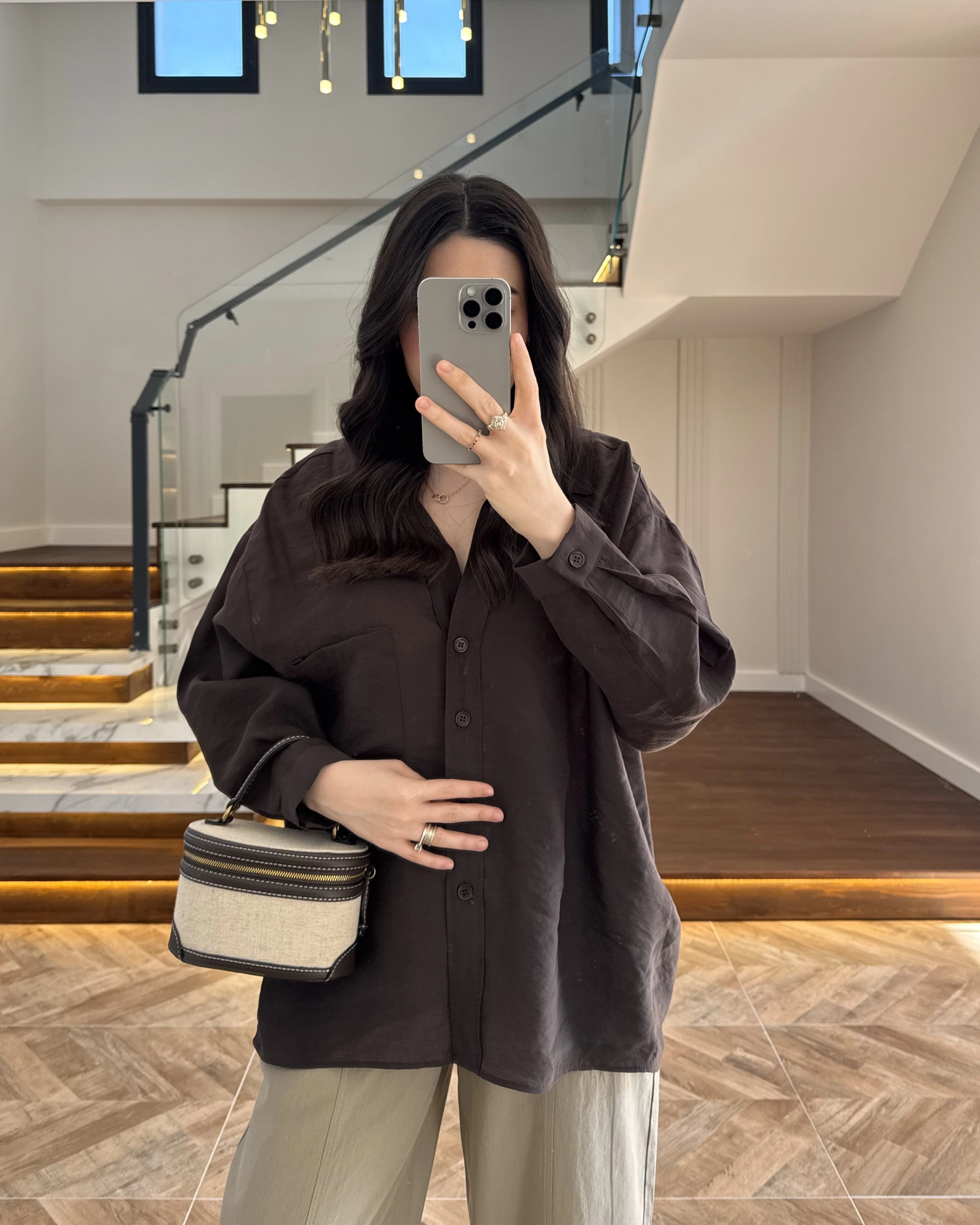 KAHVE DÜŞÜK OMUZ TENSEL GÖMLEK-4612