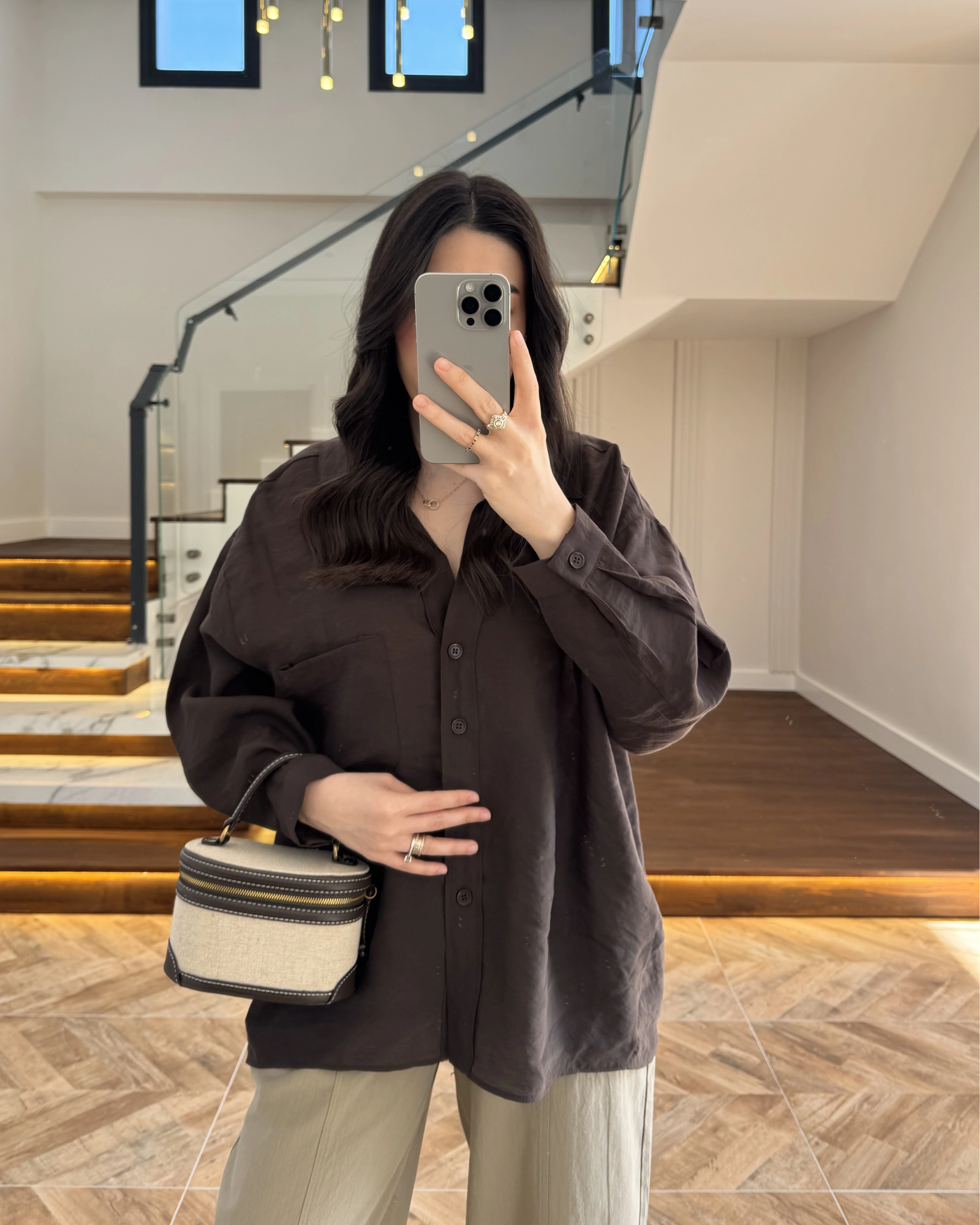 KAHVE DÜŞÜK OMUZ TENSEL GÖMLEK-4612