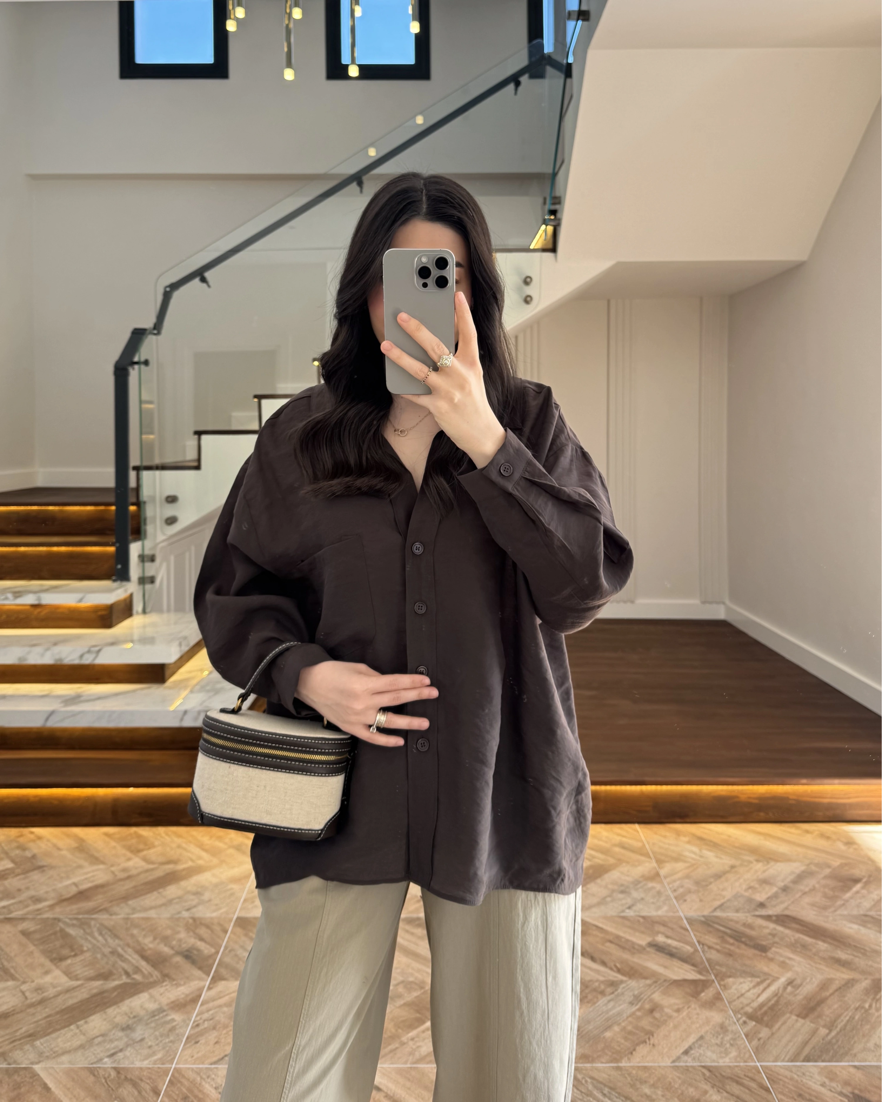 KAHVE DÜŞÜK OMUZ TENSEL GÖMLEK-4612