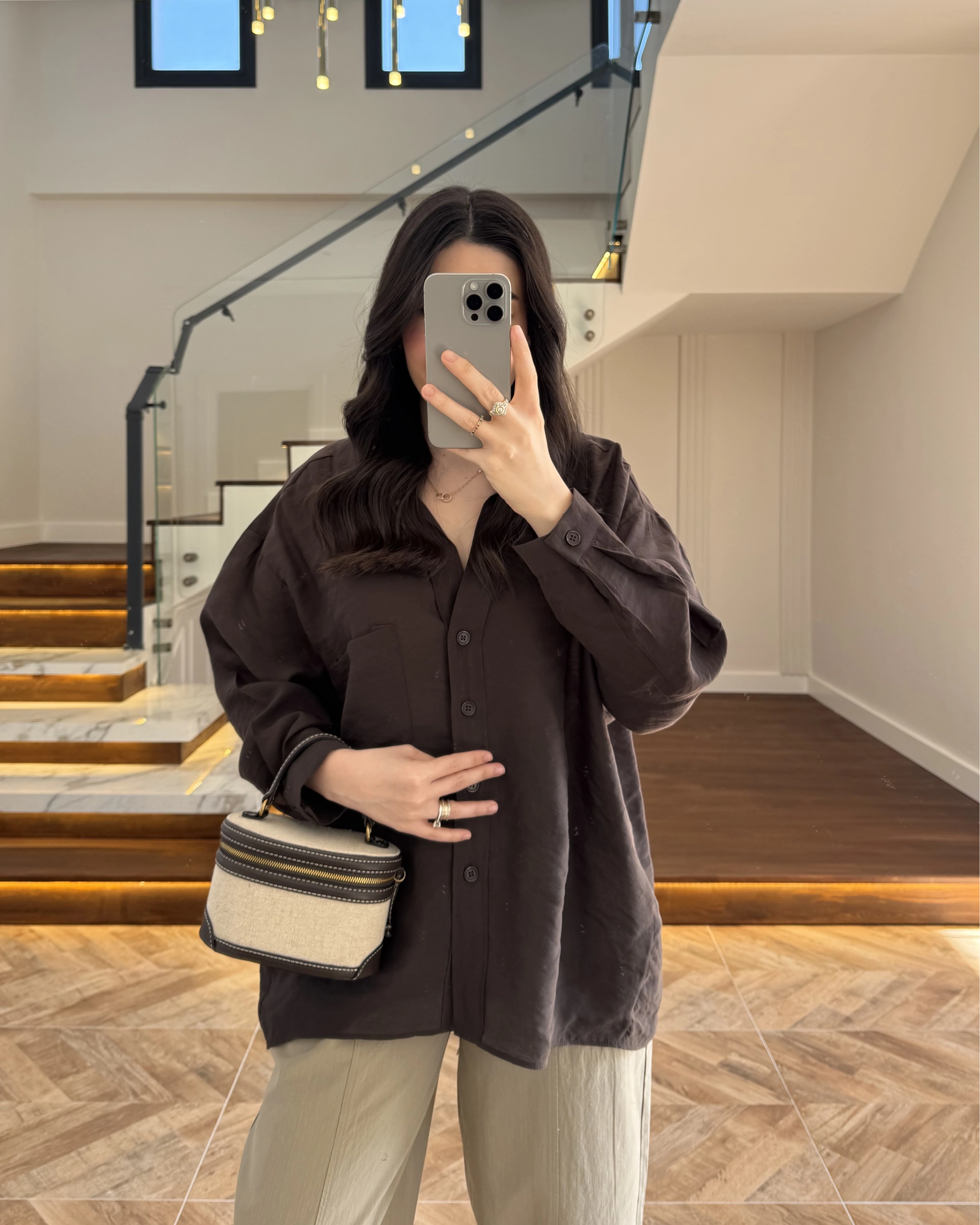 KAHVE DÜŞÜK OMUZ TENSEL GÖMLEK-4612