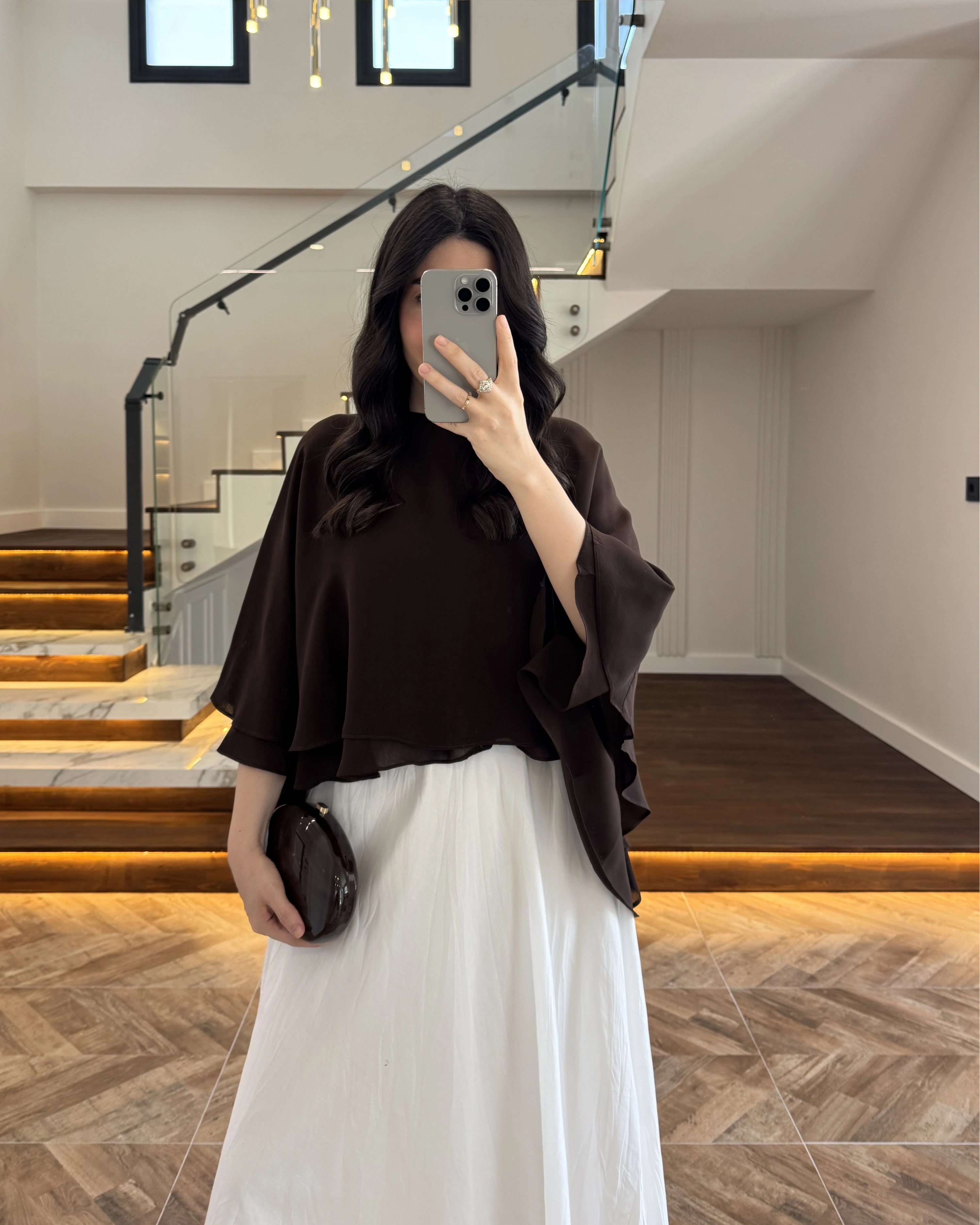 KAHVE KAT KAT PELERİN BLUZ -5044