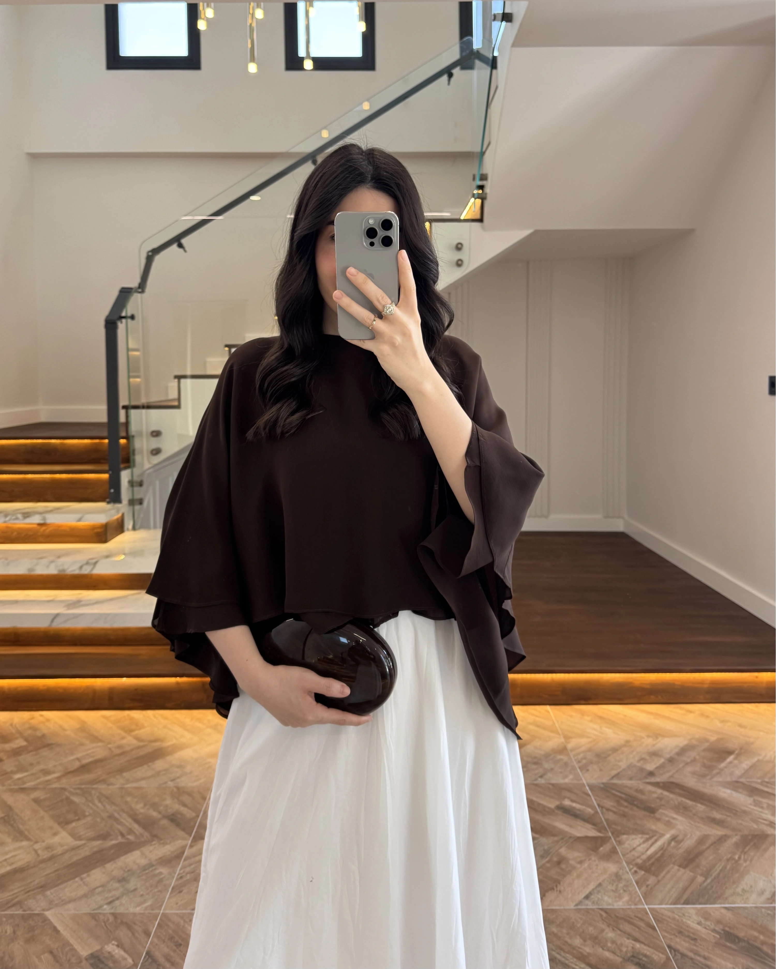 KAHVE KAT KAT PELERİN BLUZ -5044