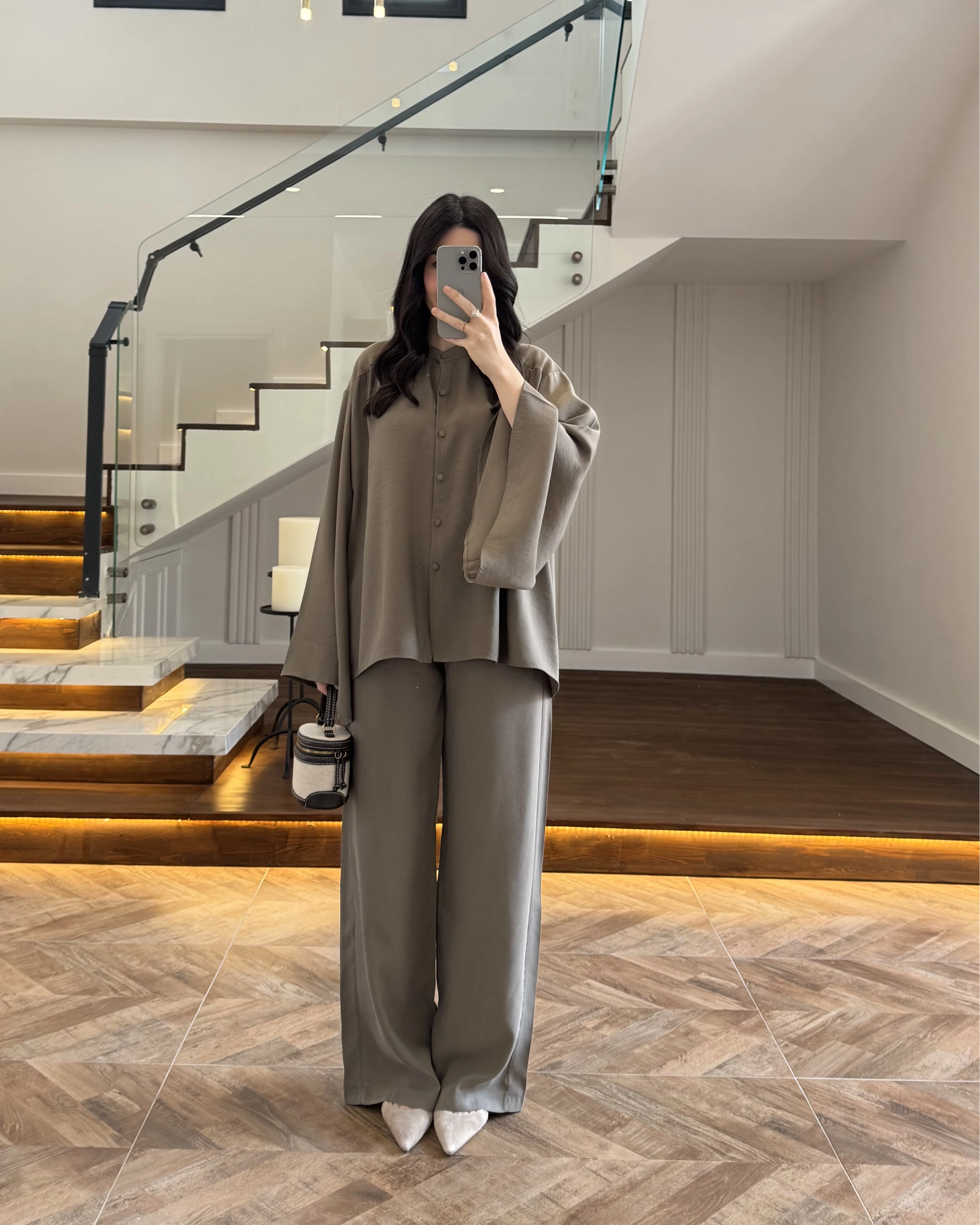 HAKİ BÜZGÜLÜ SALAŞ BLUZ TAKIM -9051