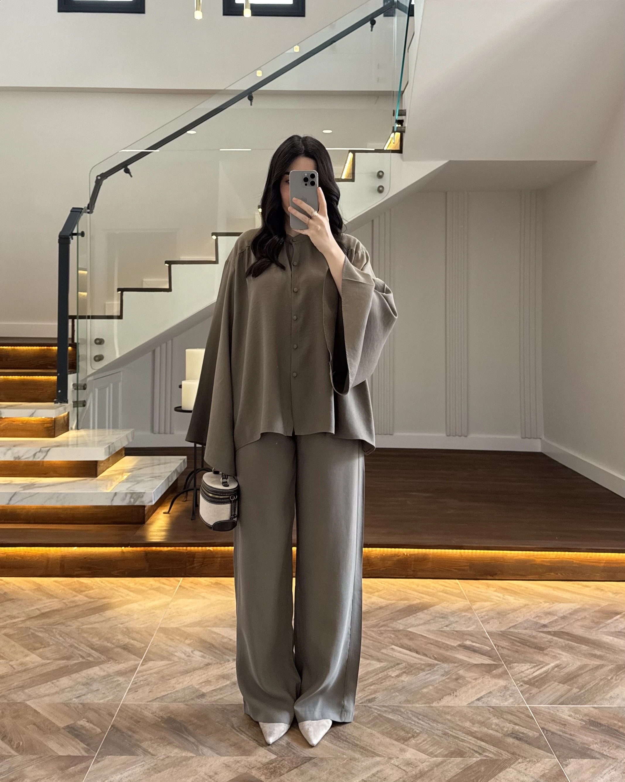 HAKİ BÜZGÜLÜ SALAŞ BLUZ TAKIM -9051