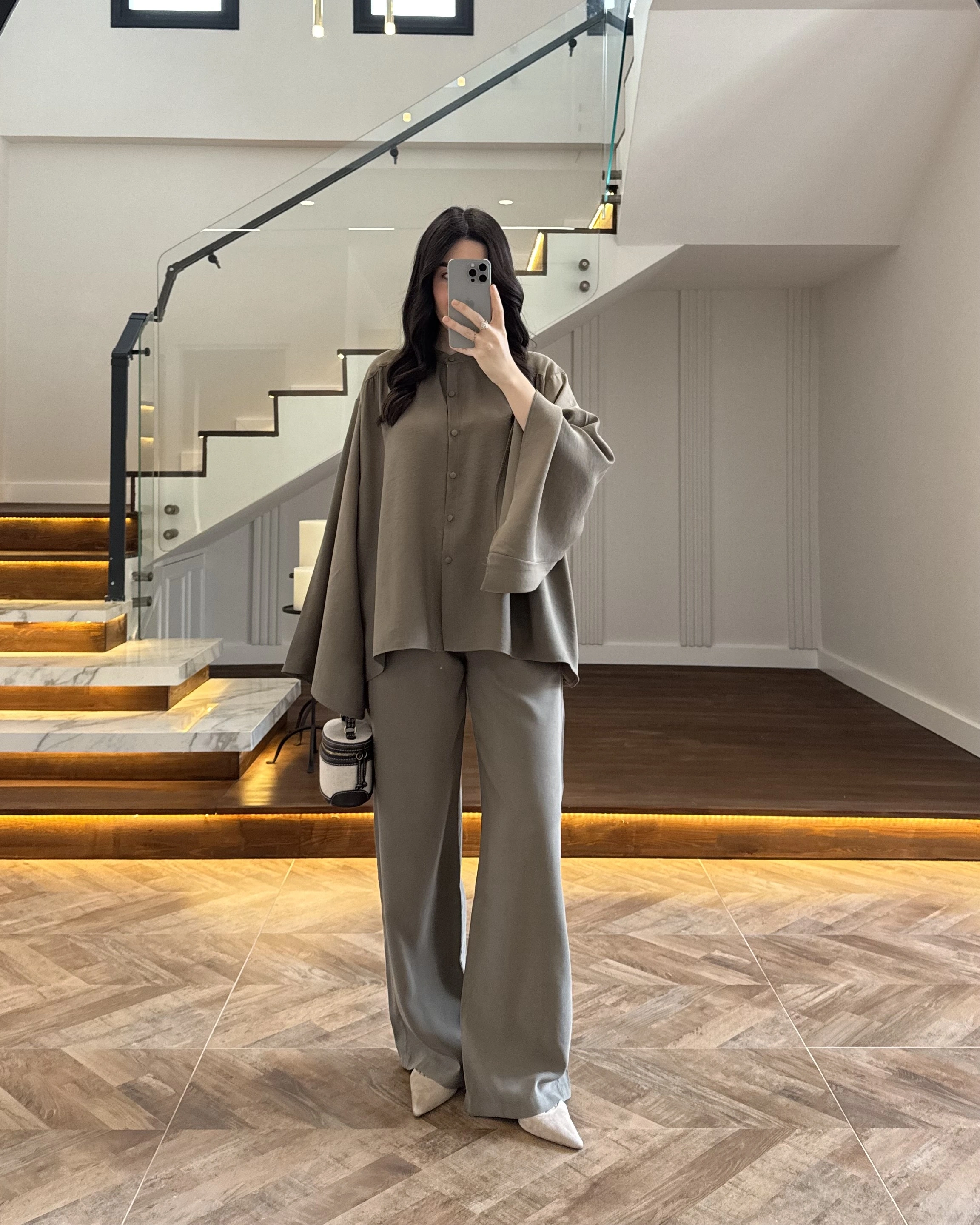 HAKİ BÜZGÜLÜ SALAŞ BLUZ TAKIM -9051