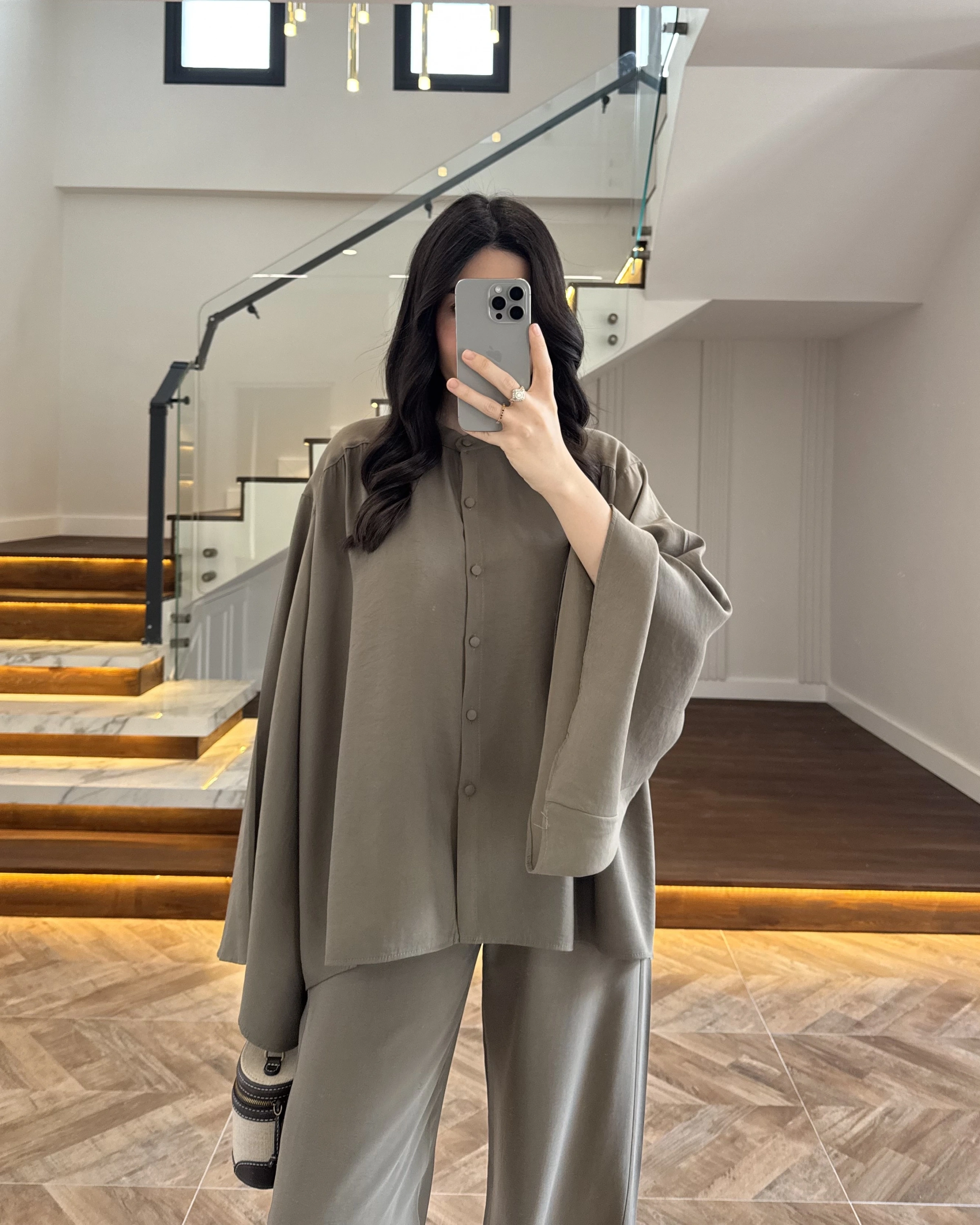 HAKİ BÜZGÜLÜ SALAŞ BLUZ TAKIM -9051