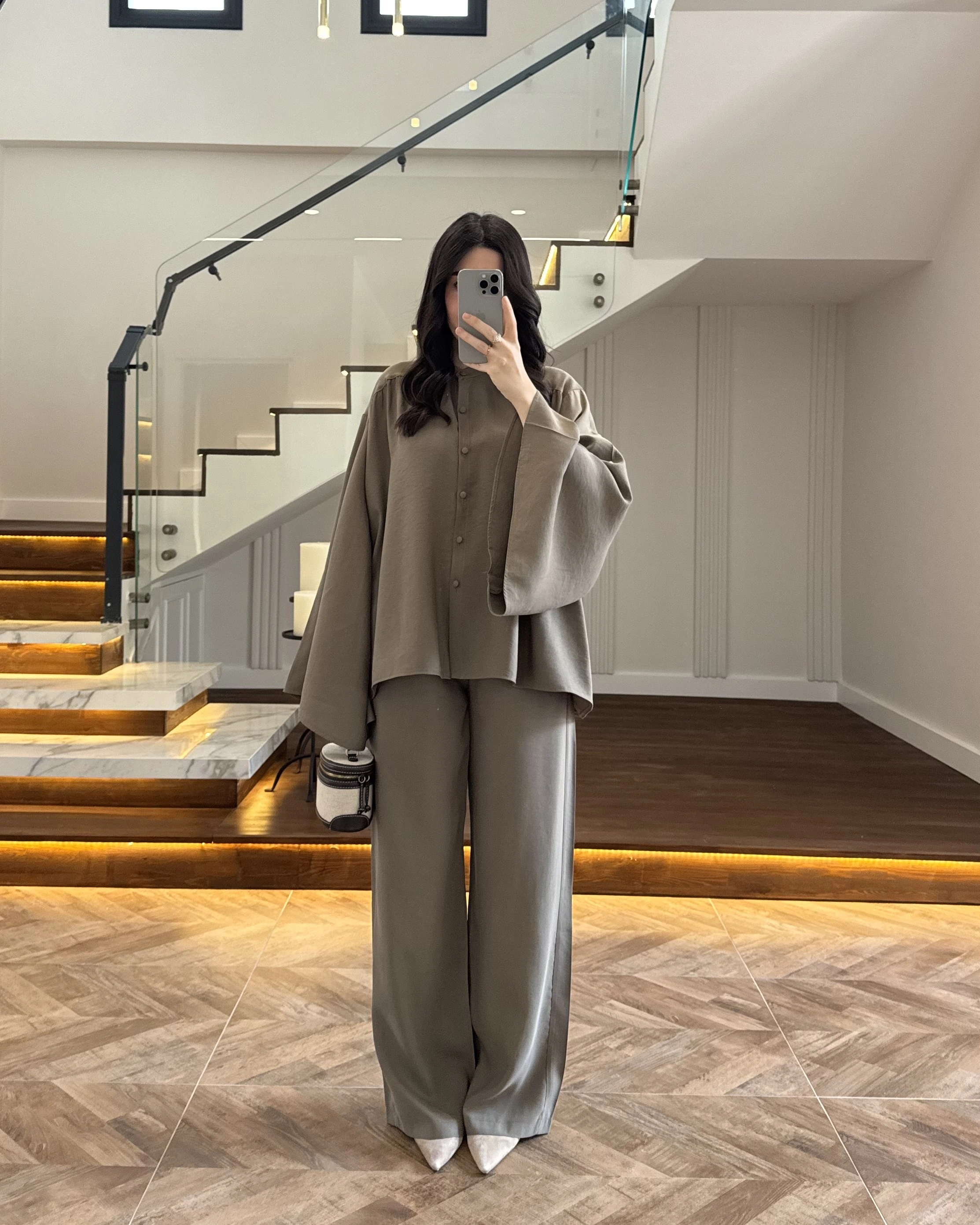 HAKİ BÜZGÜLÜ SALAŞ BLUZ TAKIM -9051