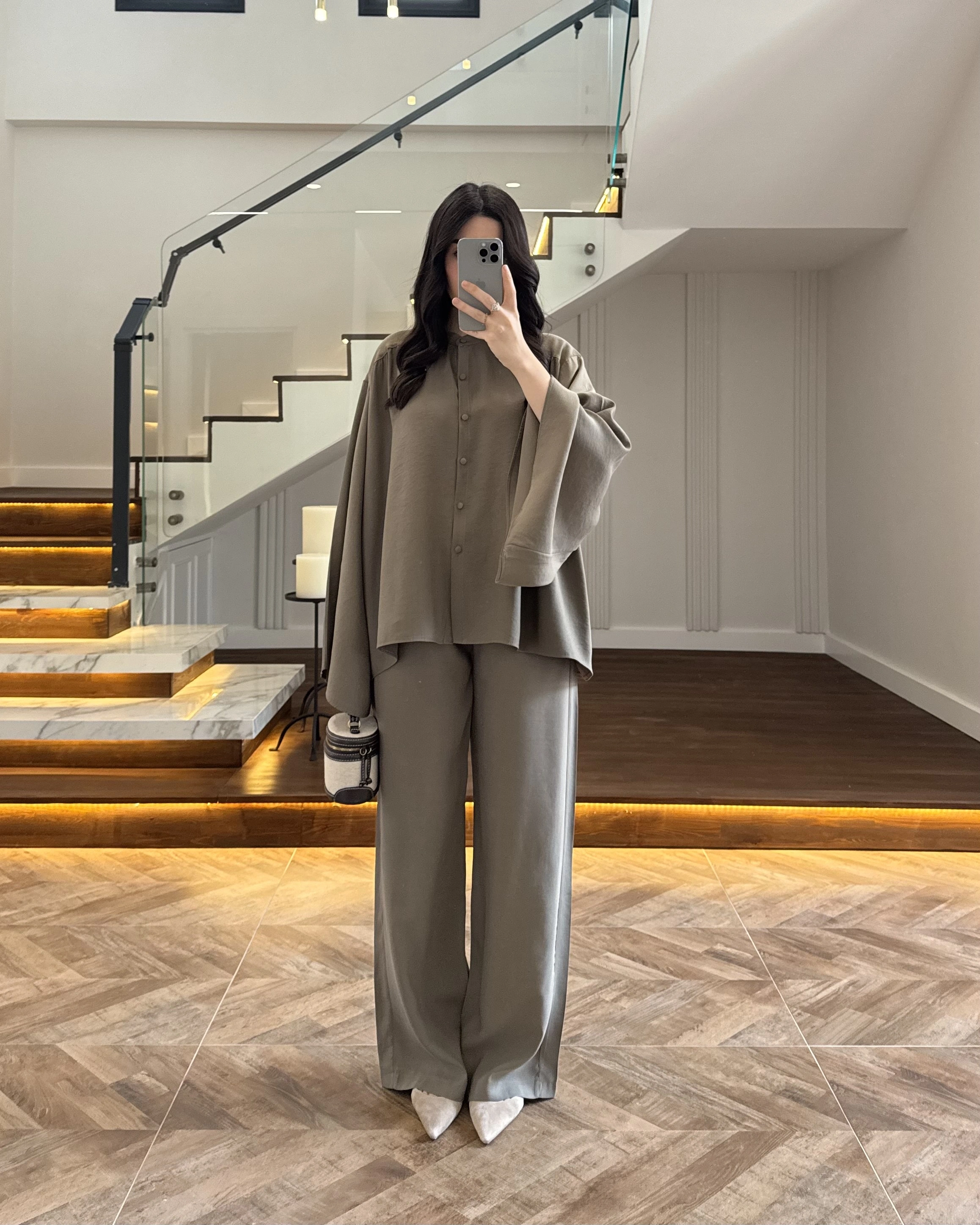 HAKİ BÜZGÜLÜ SALAŞ BLUZ TAKIM -9051