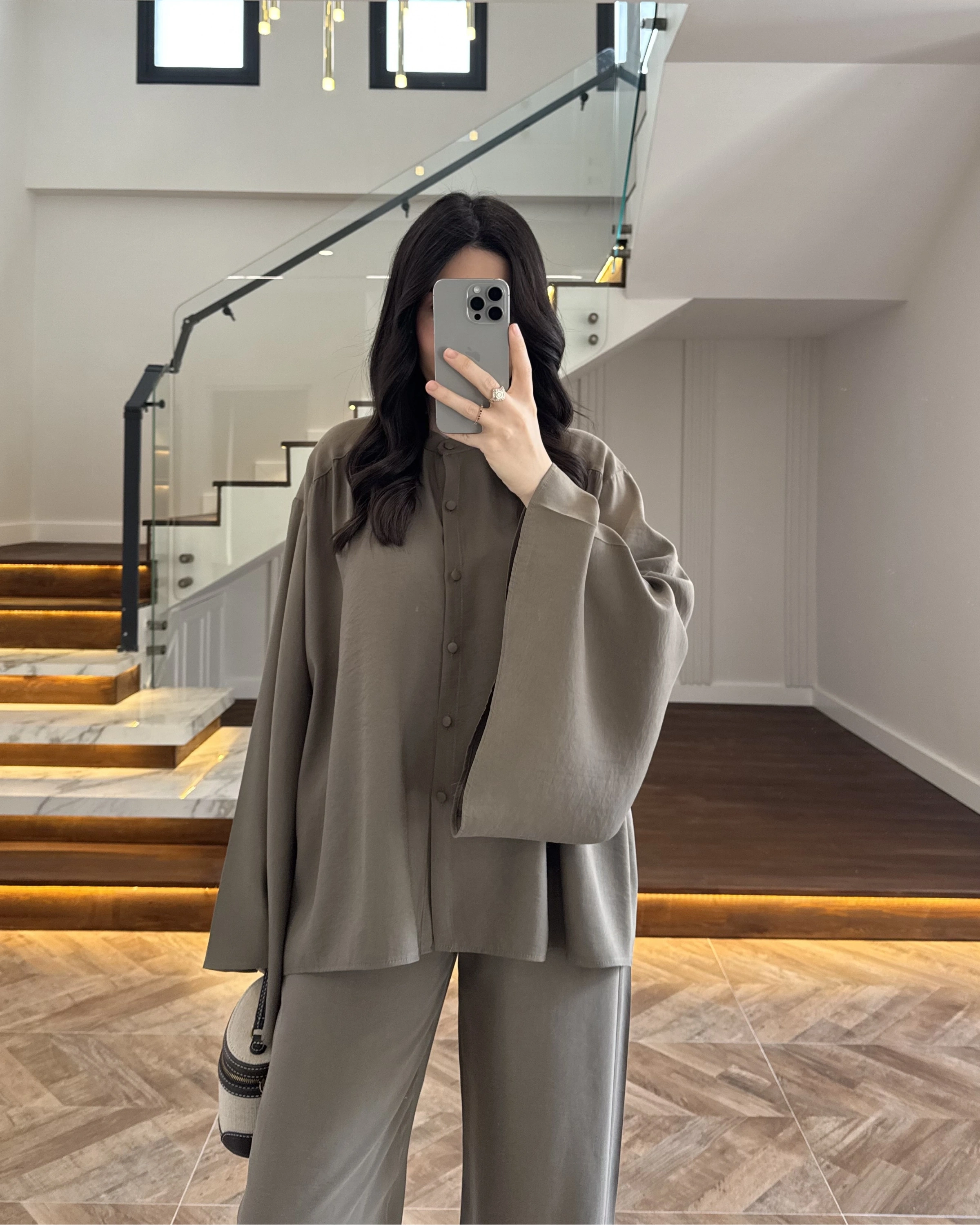 HAKİ BÜZGÜLÜ SALAŞ BLUZ TAKIM -9051