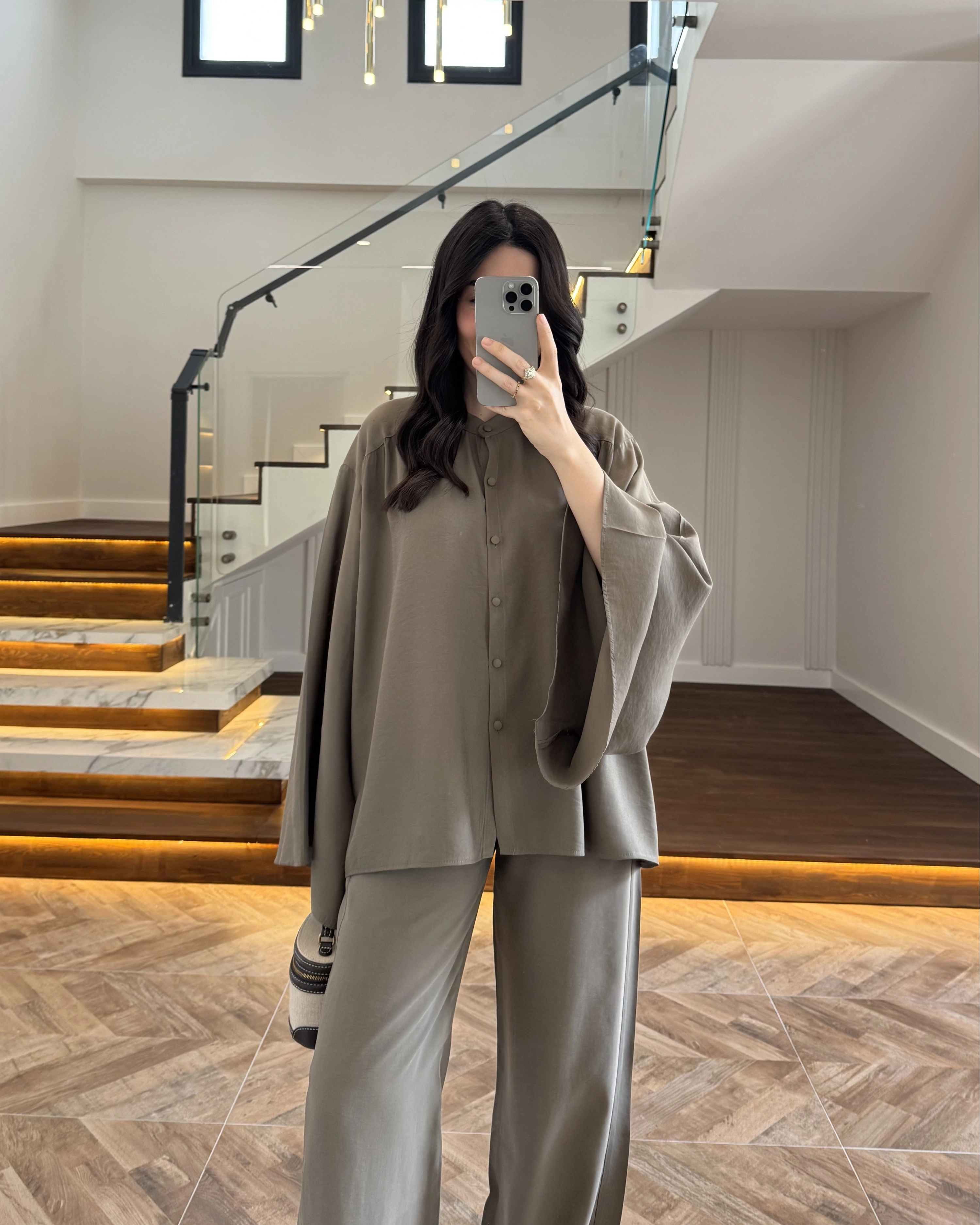 HAKİ BÜZGÜLÜ SALAŞ BLUZ TAKIM -9051