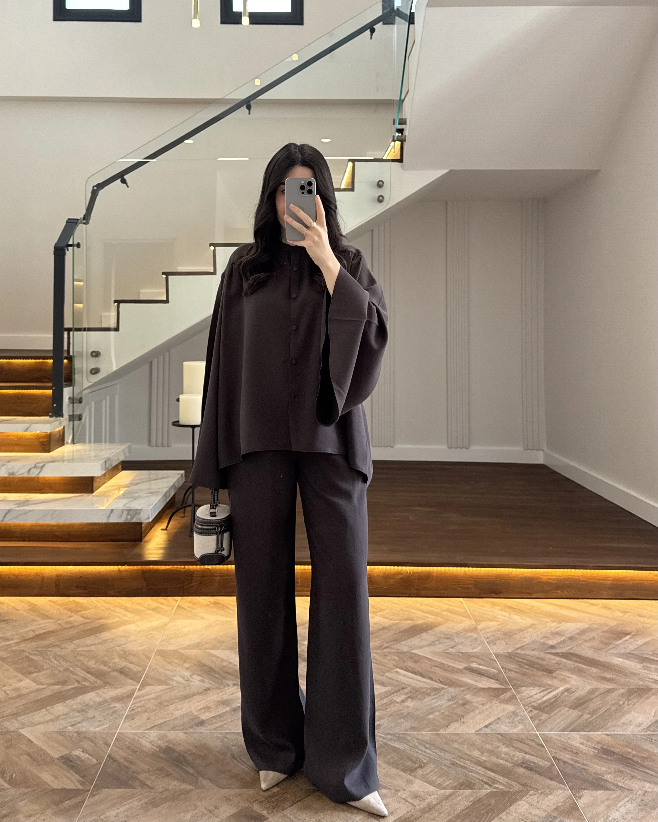 KAHVE BÜZGÜLÜ SALAŞ BLUZ TAKIM -9051