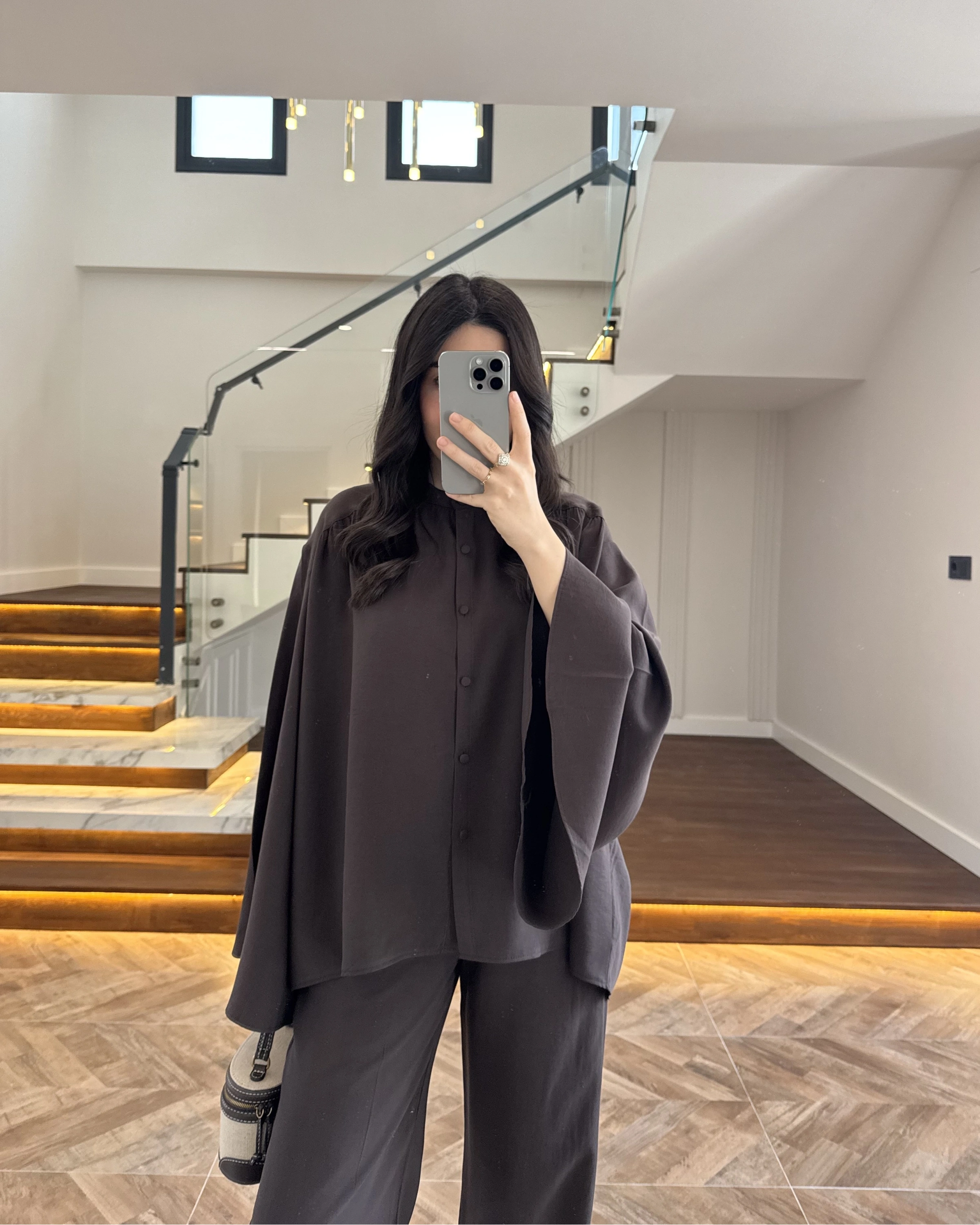 KAHVE BÜZGÜLÜ SALAŞ BLUZ TAKIM -9051