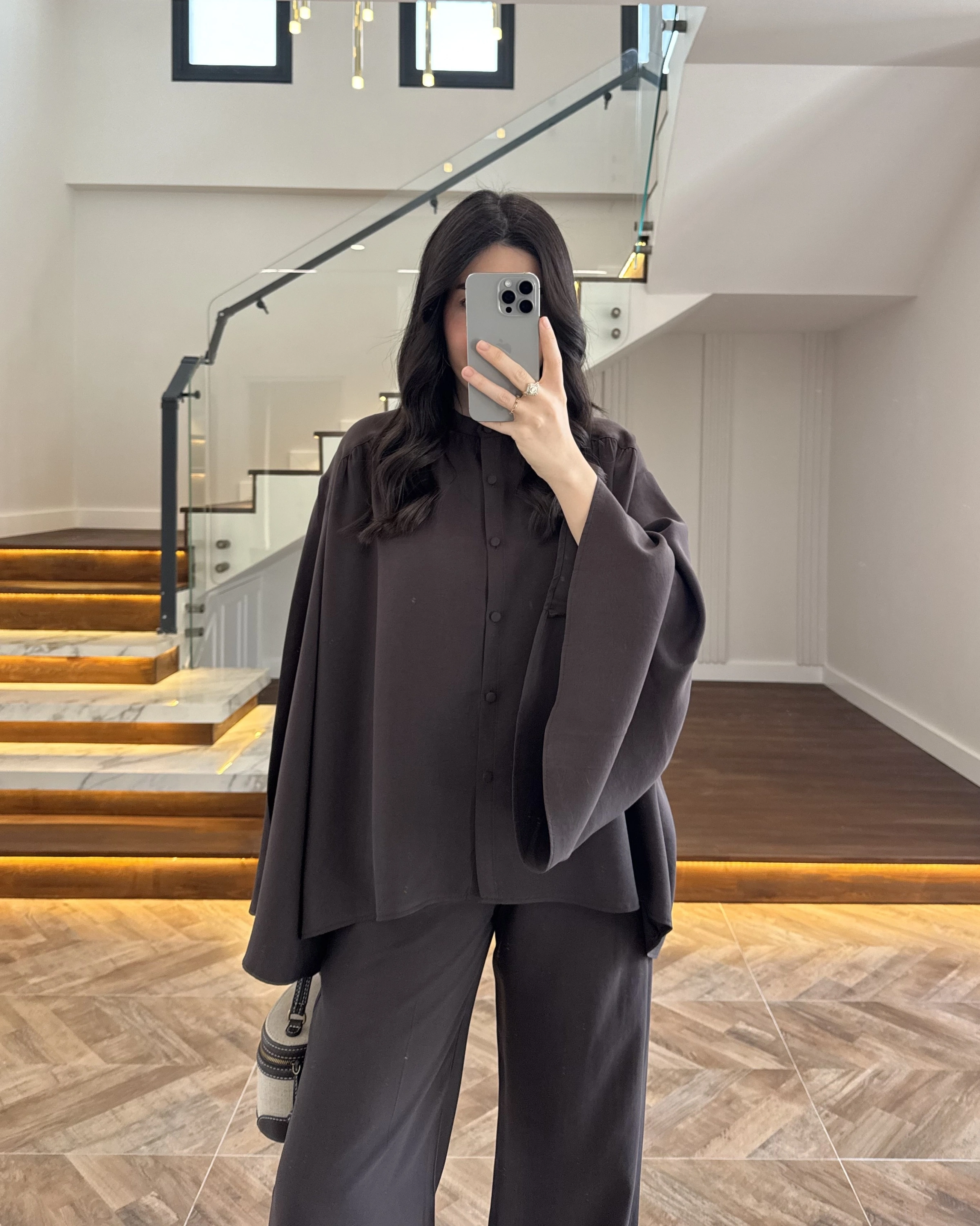 KAHVE BÜZGÜLÜ SALAŞ BLUZ TAKIM -9051