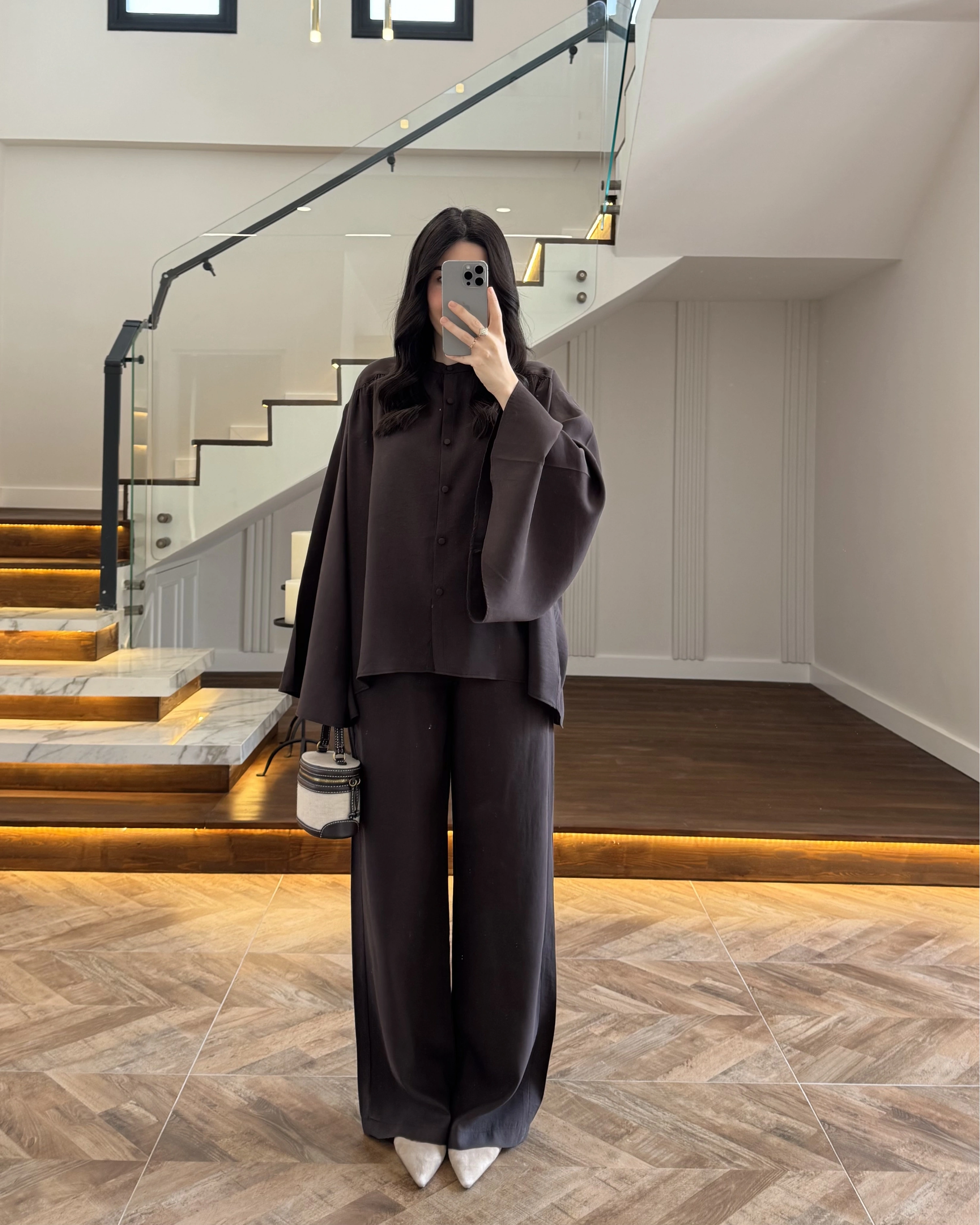 KAHVE BÜZGÜLÜ SALAŞ BLUZ TAKIM -9051