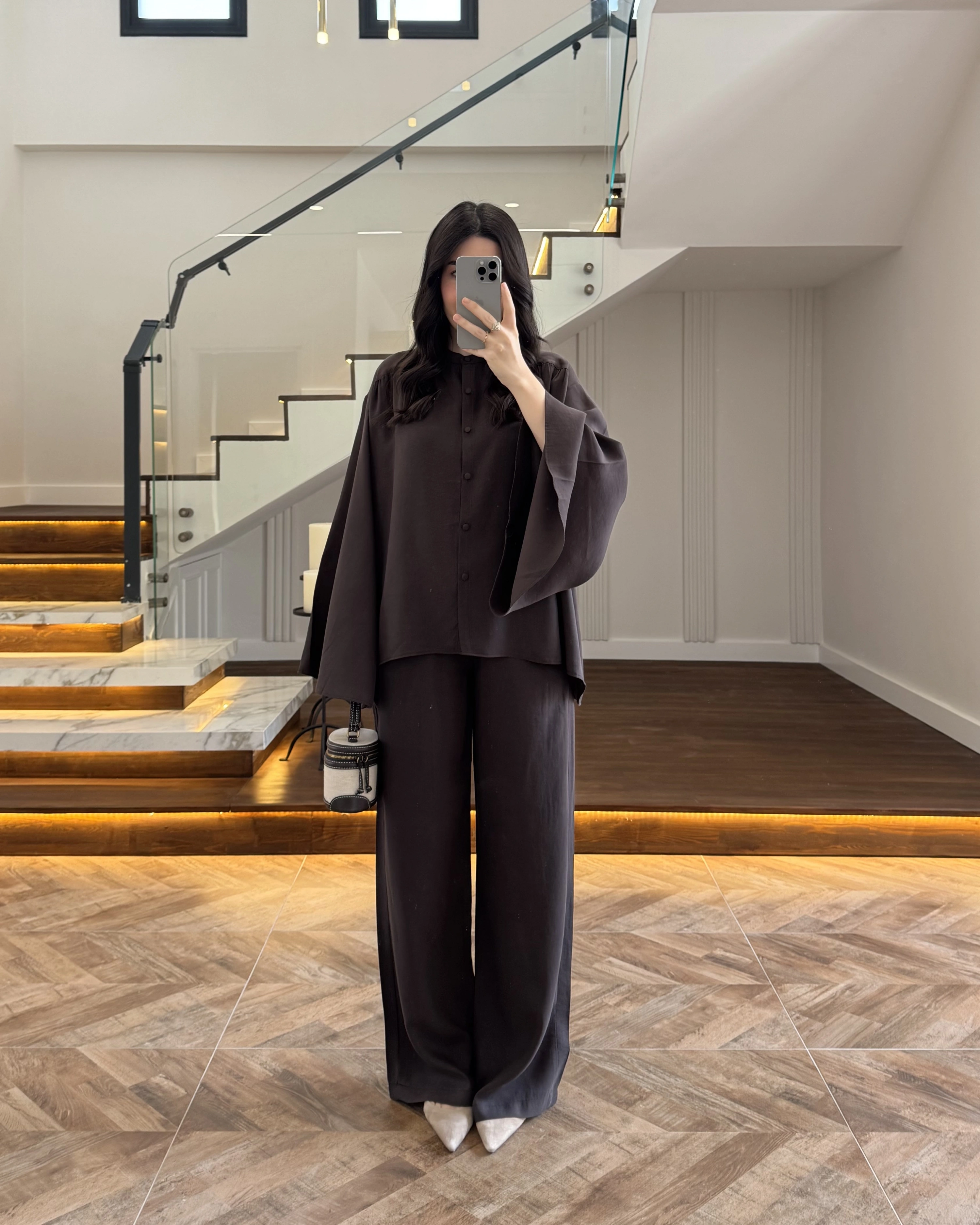 KAHVE BÜZGÜLÜ SALAŞ BLUZ TAKIM -9051