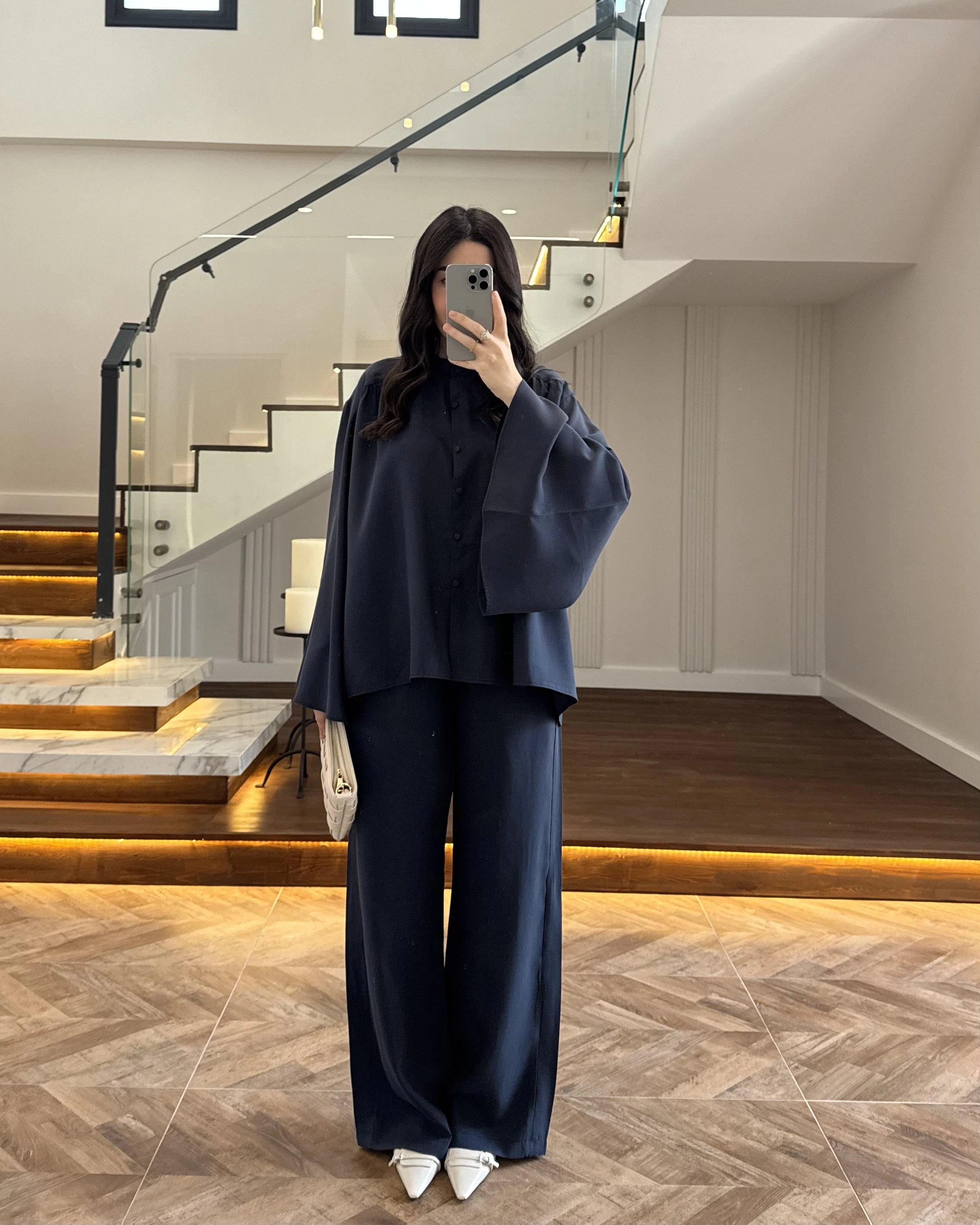 LACİVERT BÜZGÜLÜ SALAŞ BLUZ TAKIM -9051