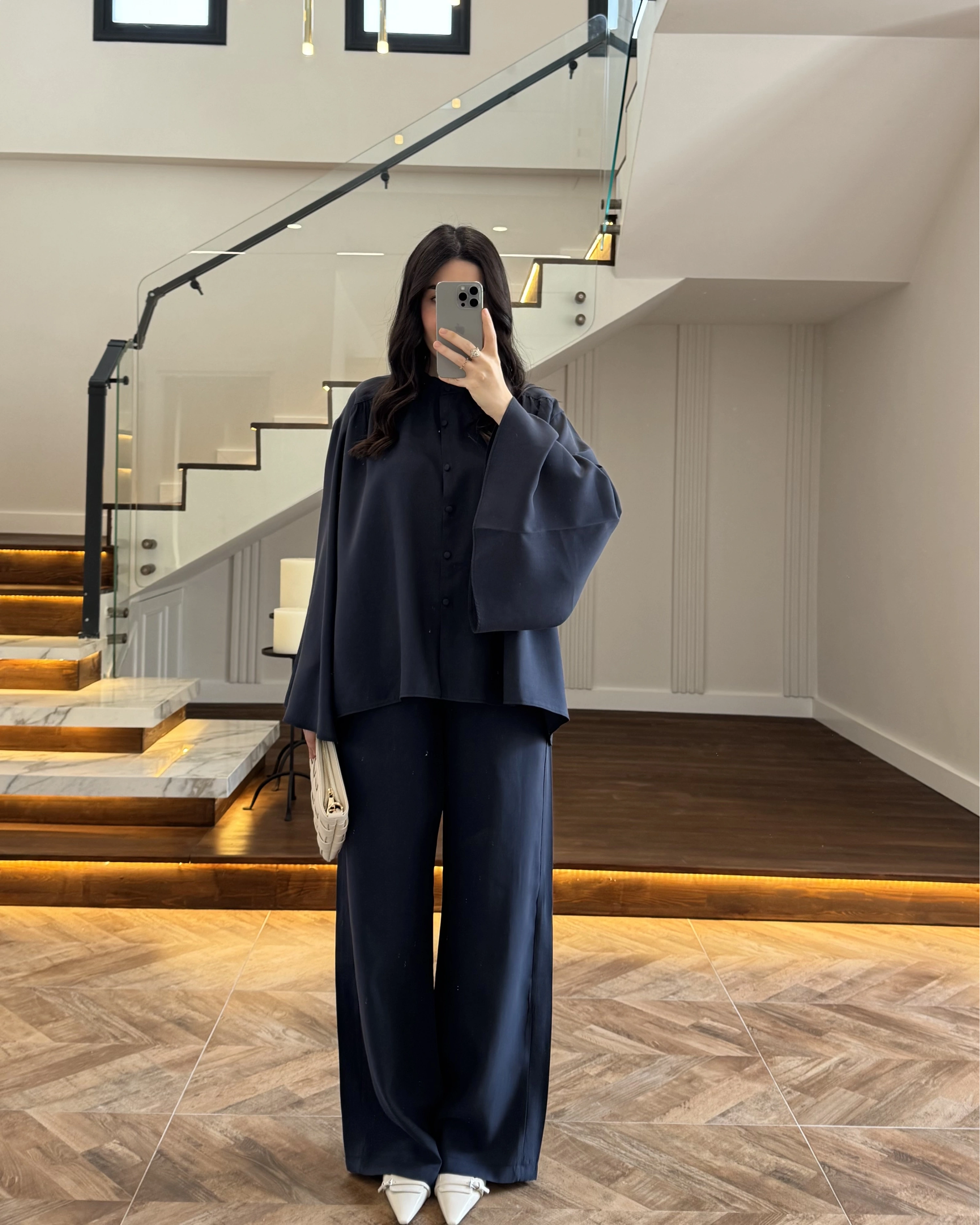 LACİVERT BÜZGÜLÜ SALAŞ BLUZ TAKIM -9051