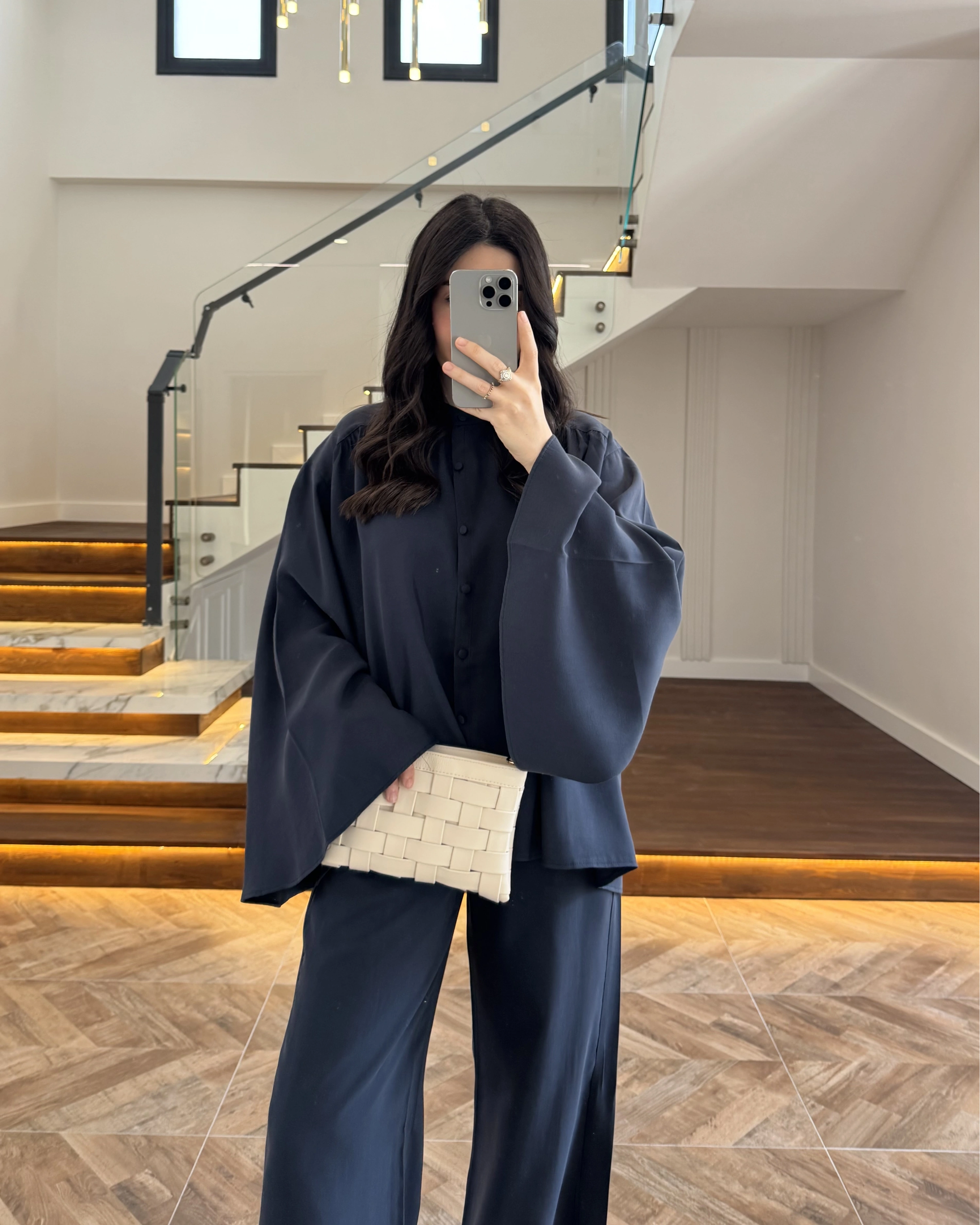 LACİVERT BÜZGÜLÜ SALAŞ BLUZ TAKIM -9051