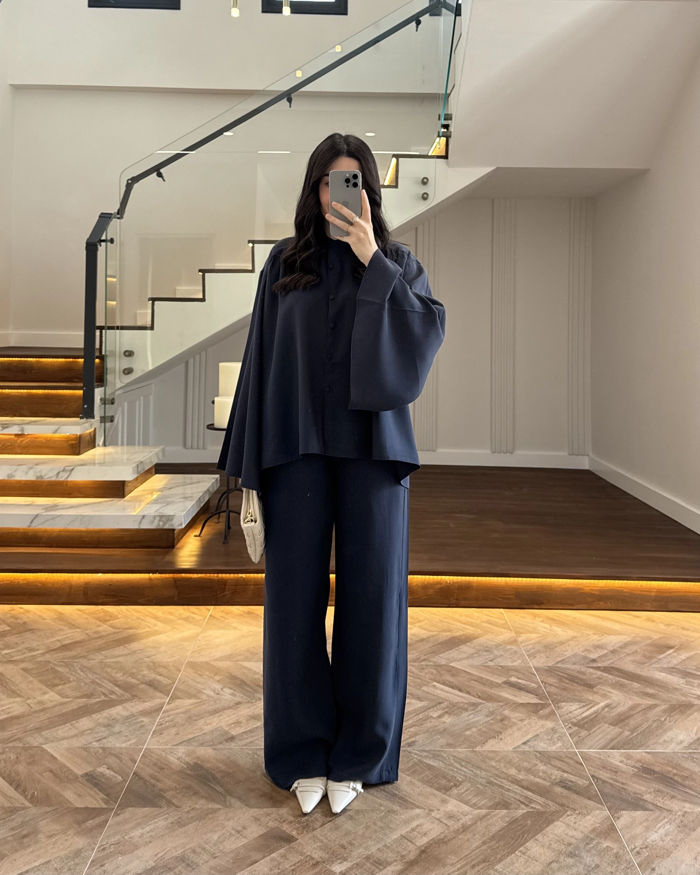 LACİVERT BÜZGÜLÜ SALAŞ BLUZ TAKIM -9051