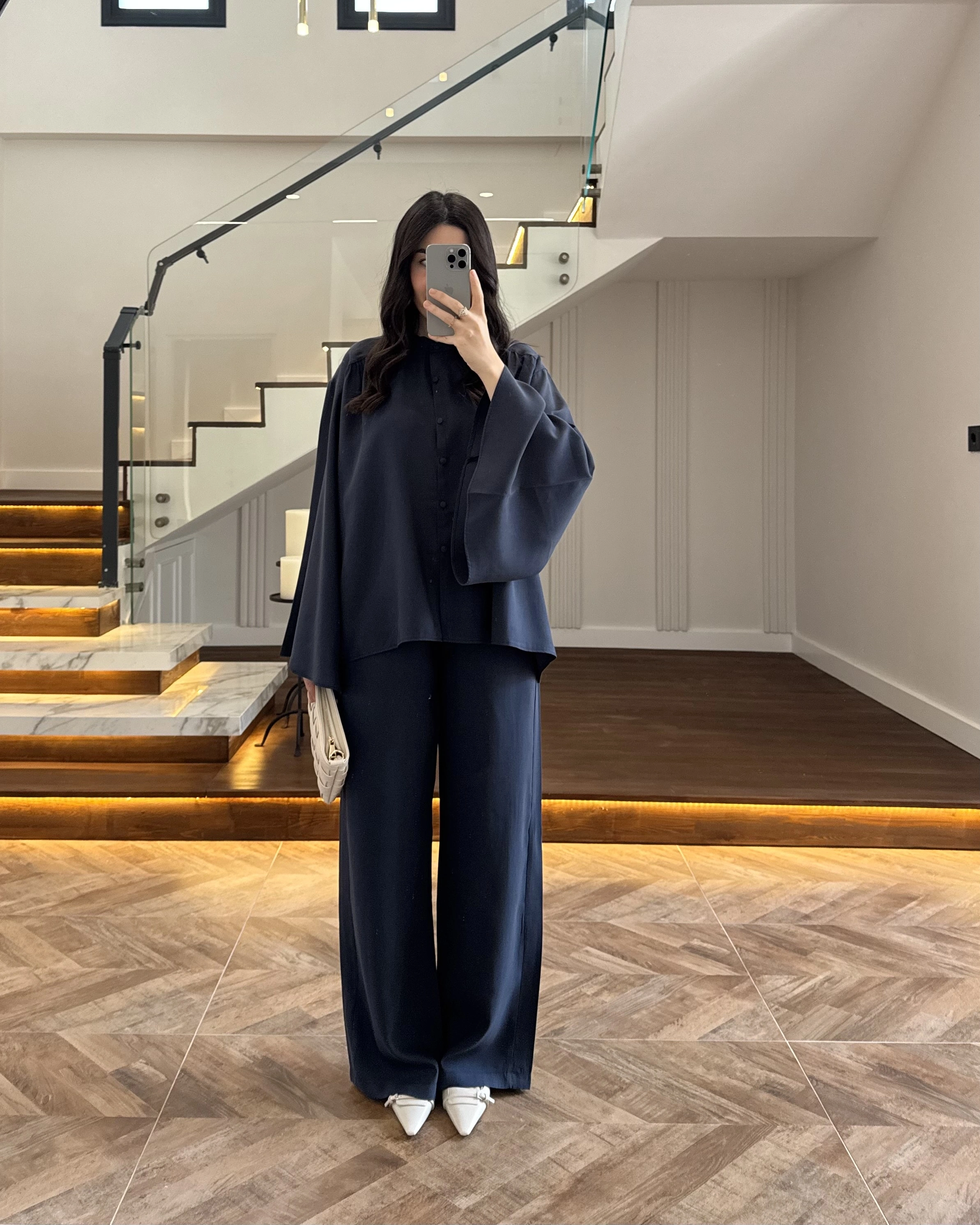 LACİVERT BÜZGÜLÜ SALAŞ BLUZ TAKIM -9051