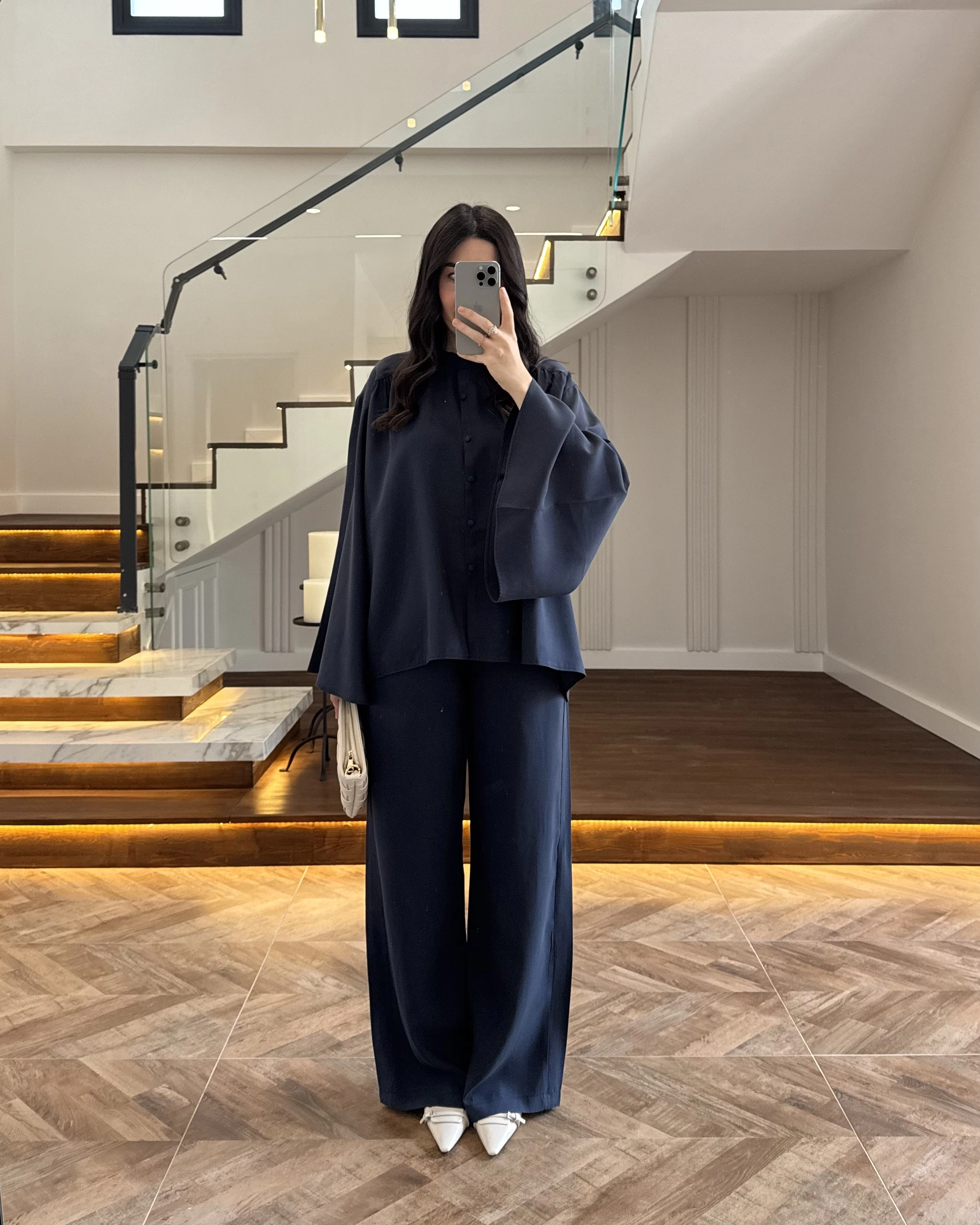 LACİVERT BÜZGÜLÜ SALAŞ BLUZ TAKIM -9051