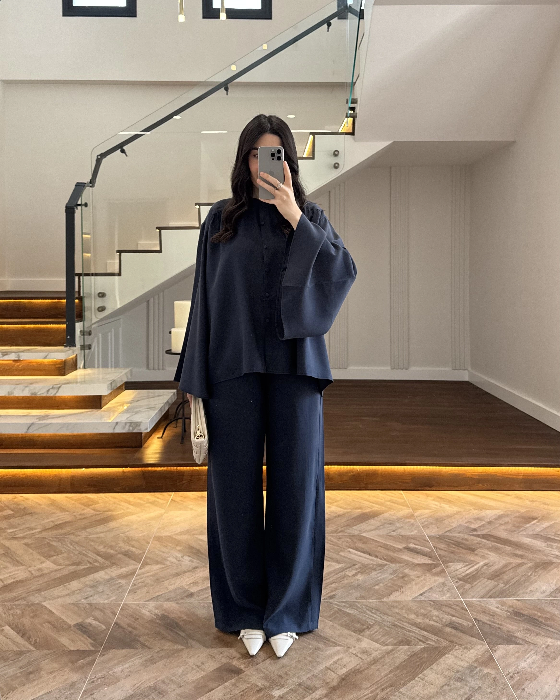 LACİVERT BÜZGÜLÜ SALAŞ BLUZ TAKIM -9051