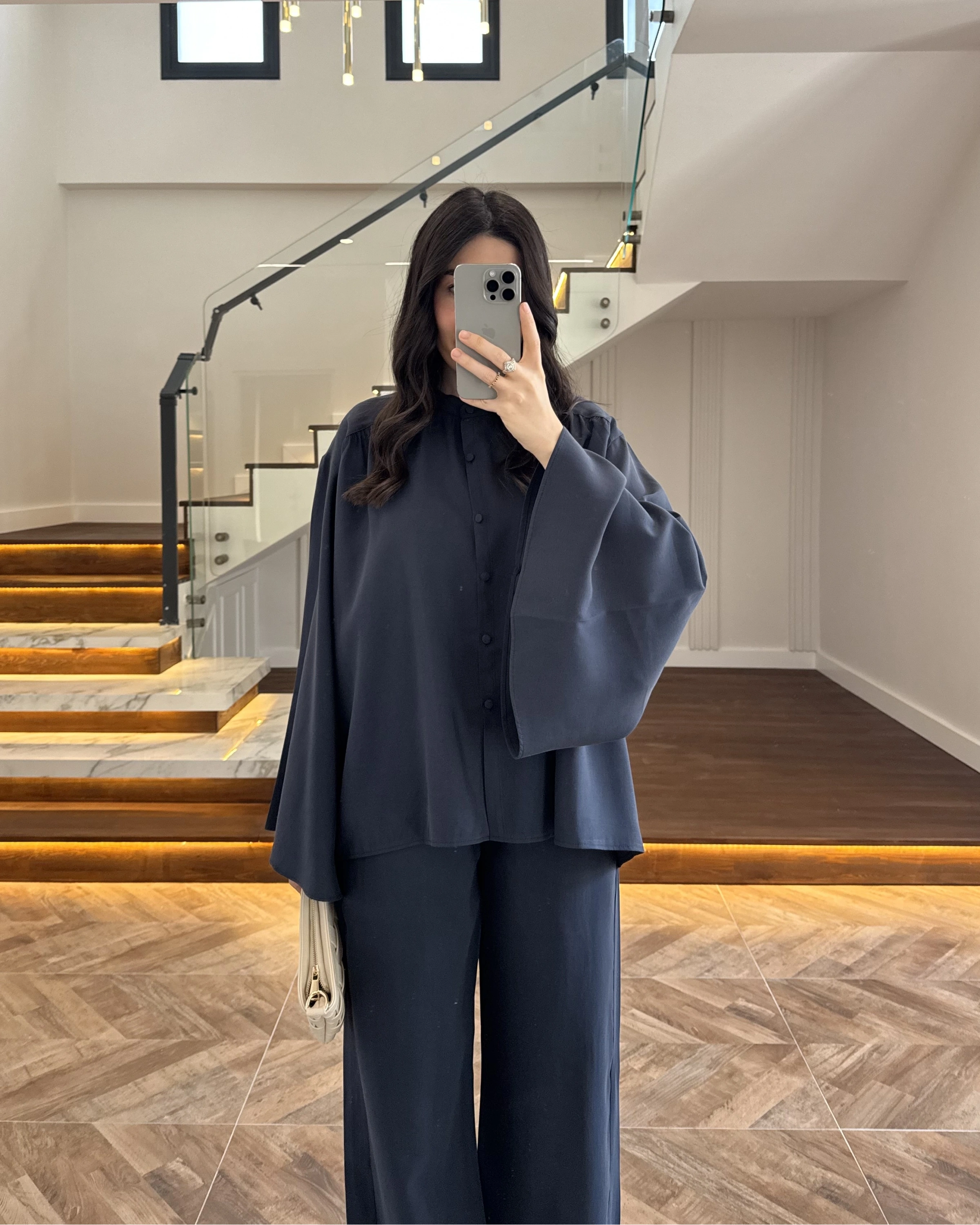 LACİVERT BÜZGÜLÜ SALAŞ BLUZ TAKIM -9051