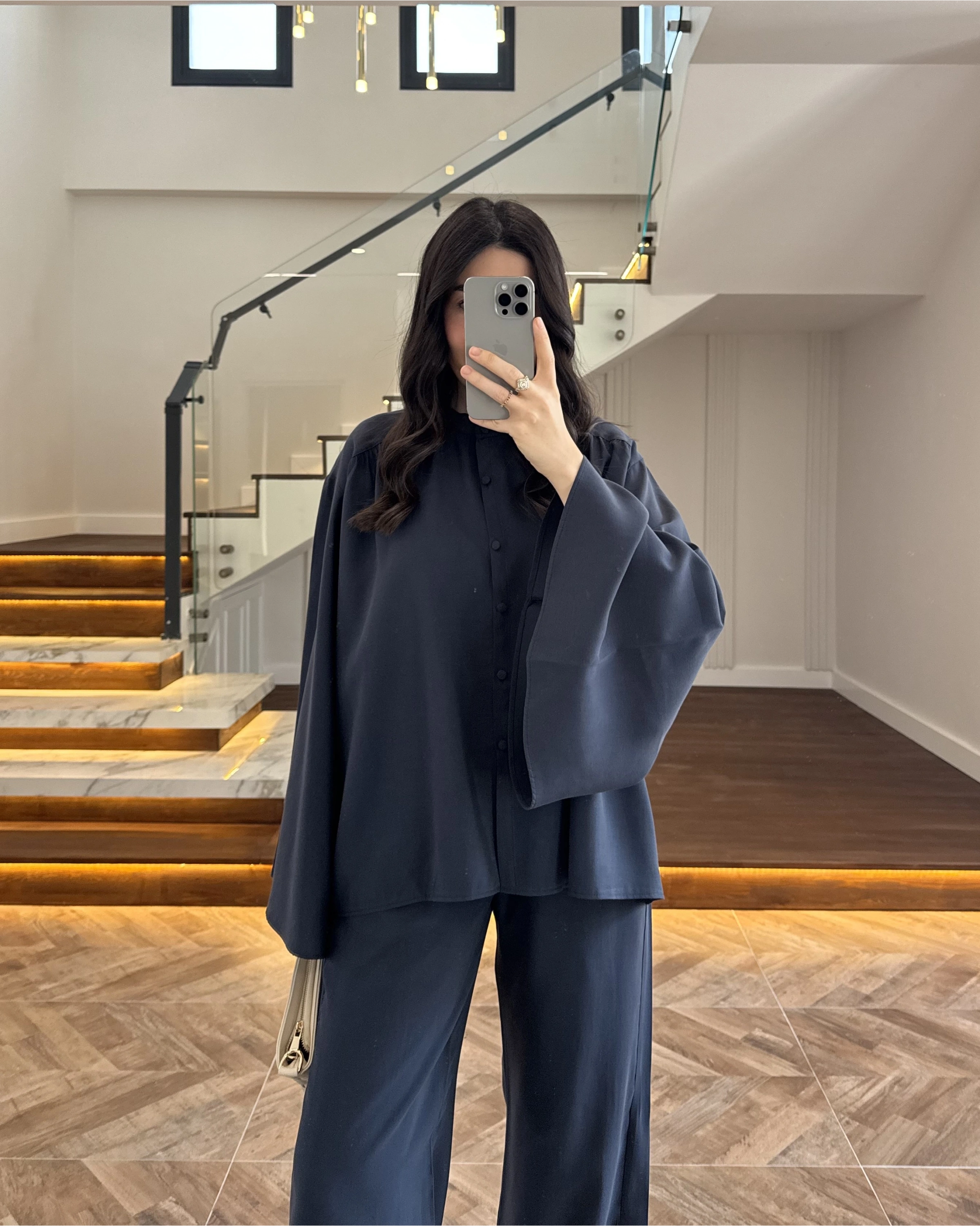 LACİVERT BÜZGÜLÜ SALAŞ BLUZ TAKIM -9051