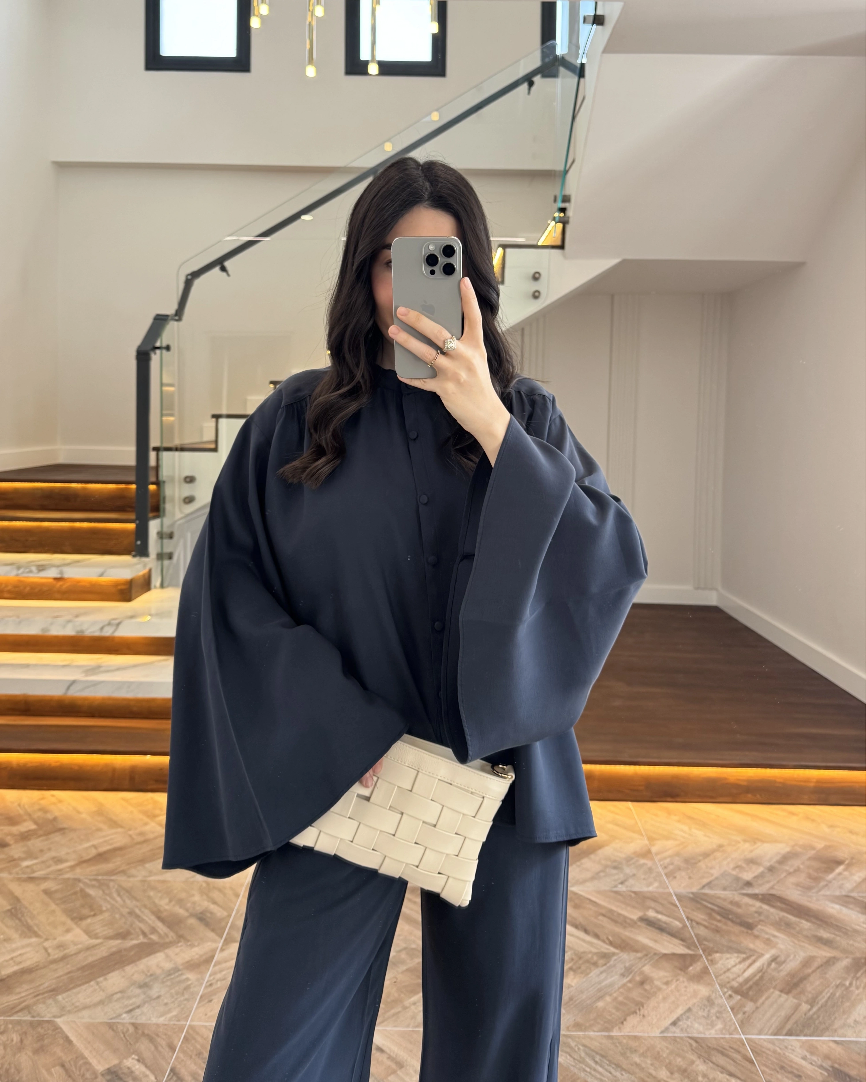 LACİVERT BÜZGÜLÜ SALAŞ BLUZ TAKIM -9051