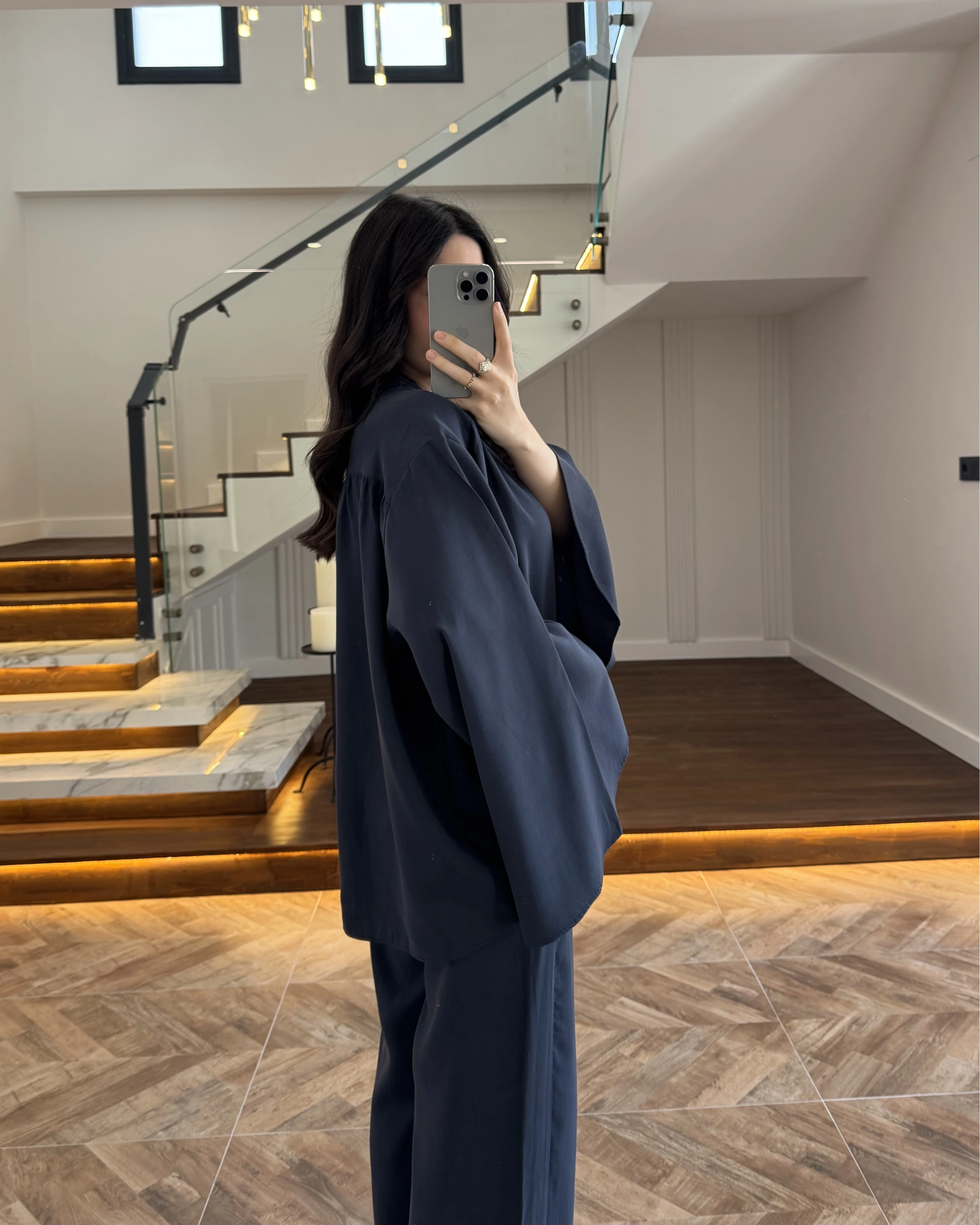 LACİVERT BÜZGÜLÜ SALAŞ BLUZ TAKIM -9051