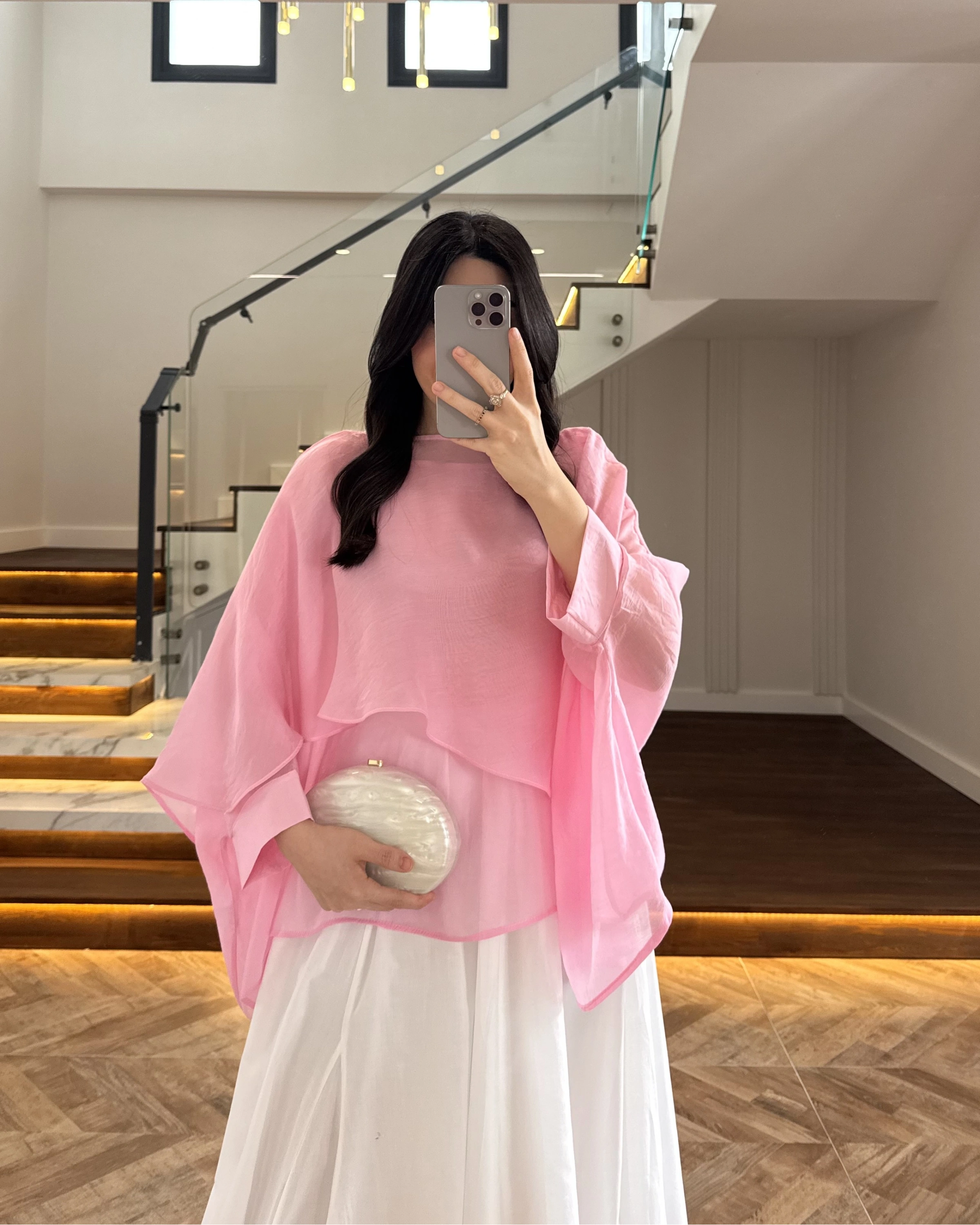 PEMBE UÇUŞAN PELERİN BLUZ -5026