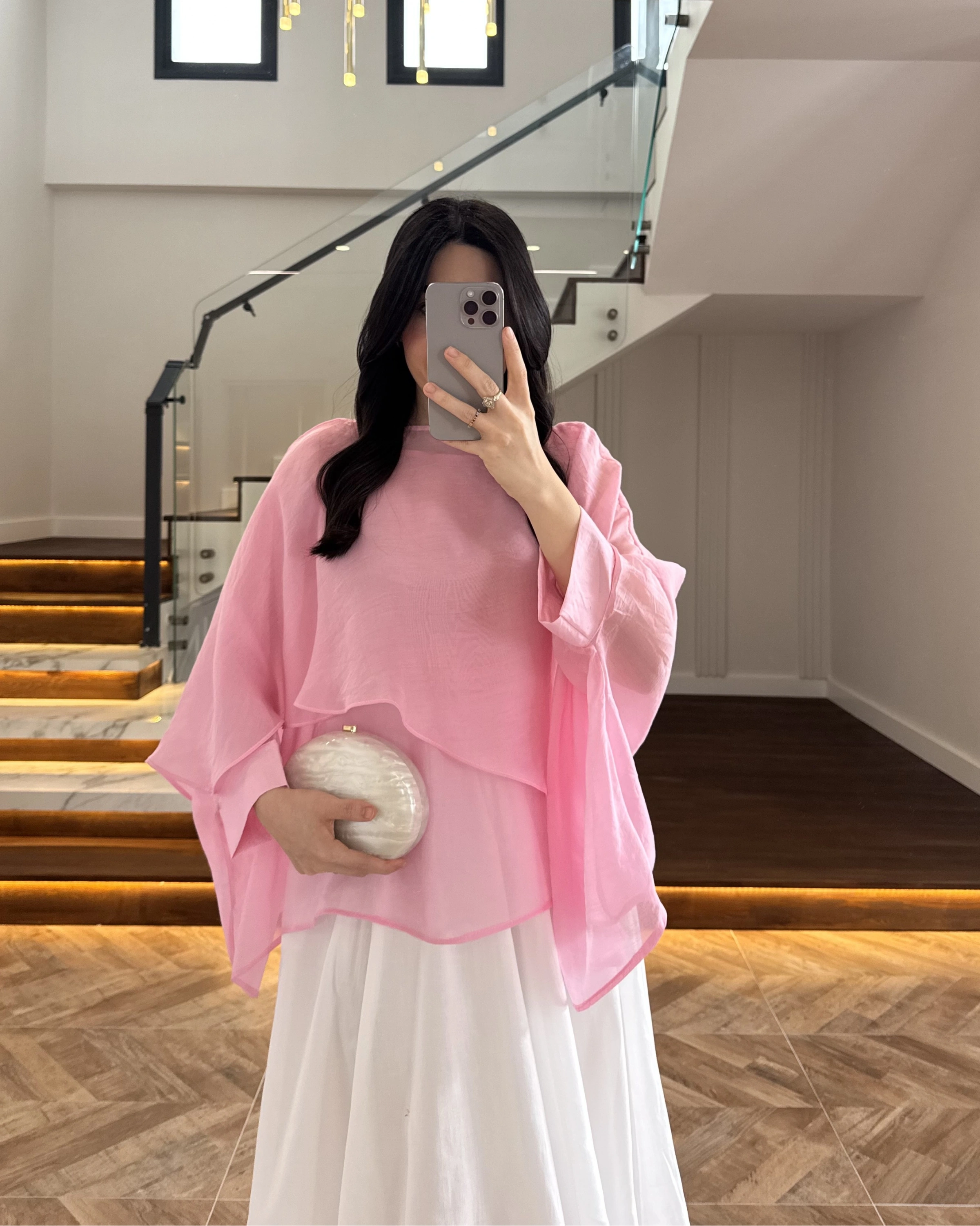 PEMBE UÇUŞAN PELERİN BLUZ -5026