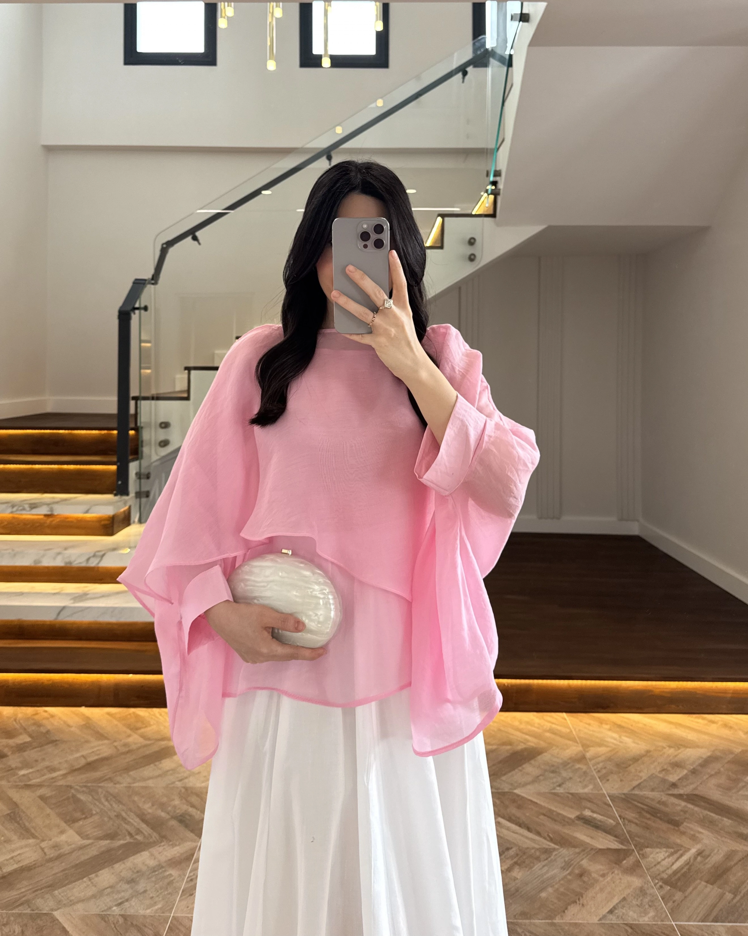 PEMBE UÇUŞAN PELERİN BLUZ -5026