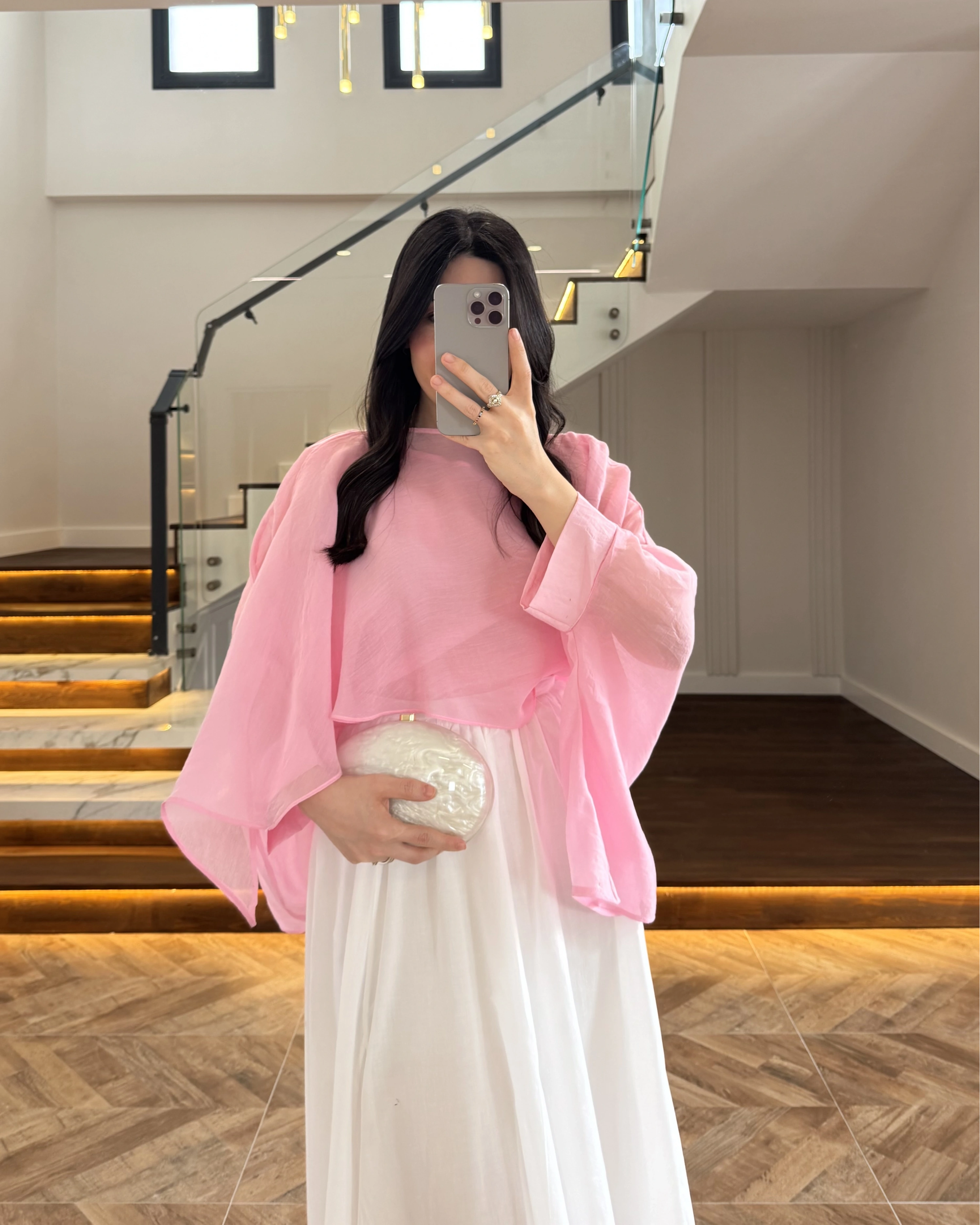 PEMBE UÇUŞAN PELERİN BLUZ -5026