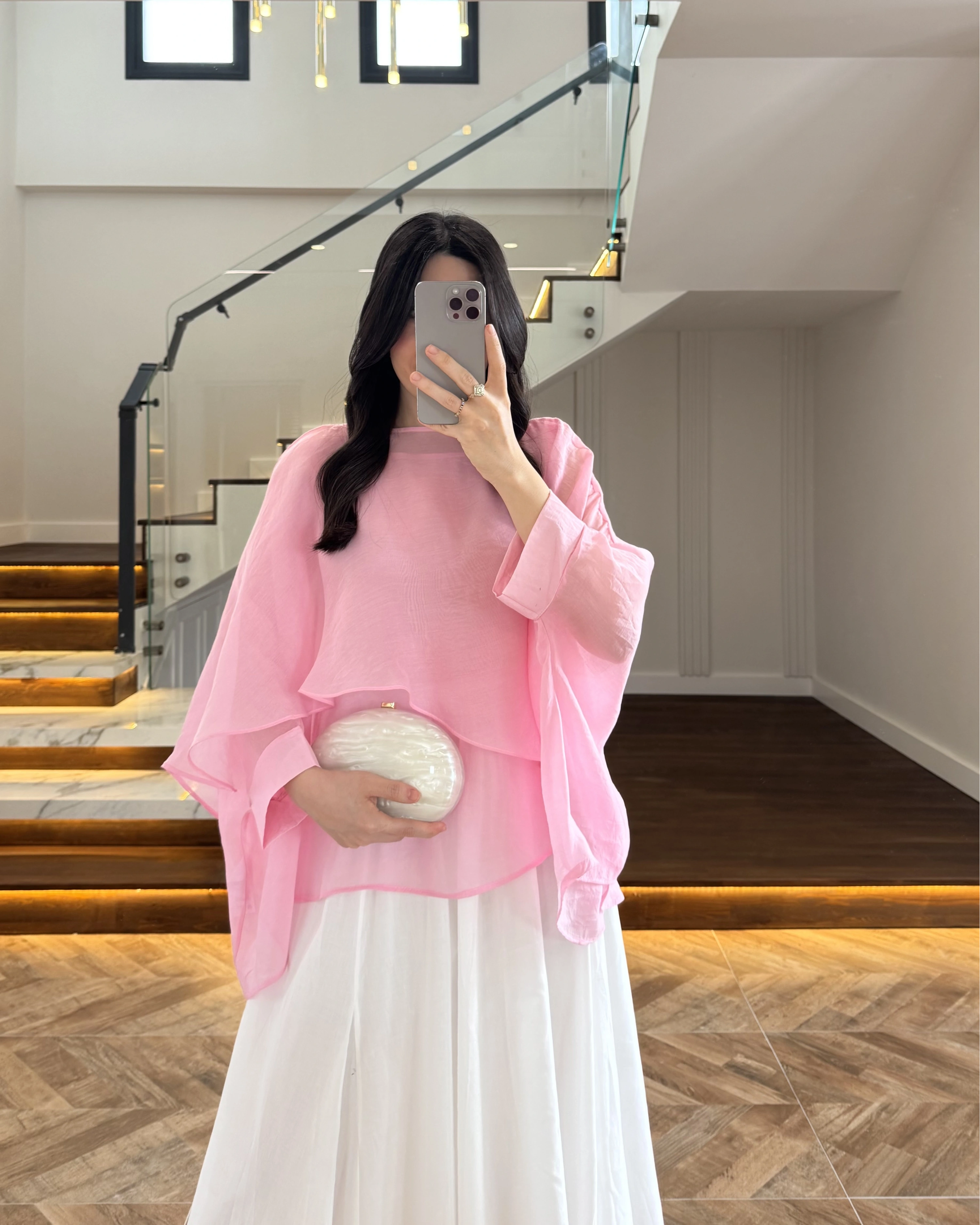 PEMBE UÇUŞAN PELERİN BLUZ -5026