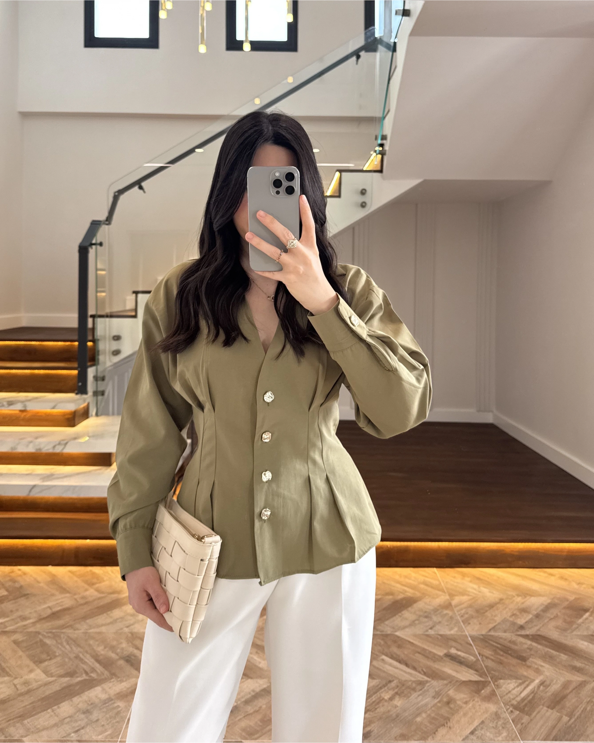 HAKİ PİLE DETAY V YAK GÖMLEK-2222