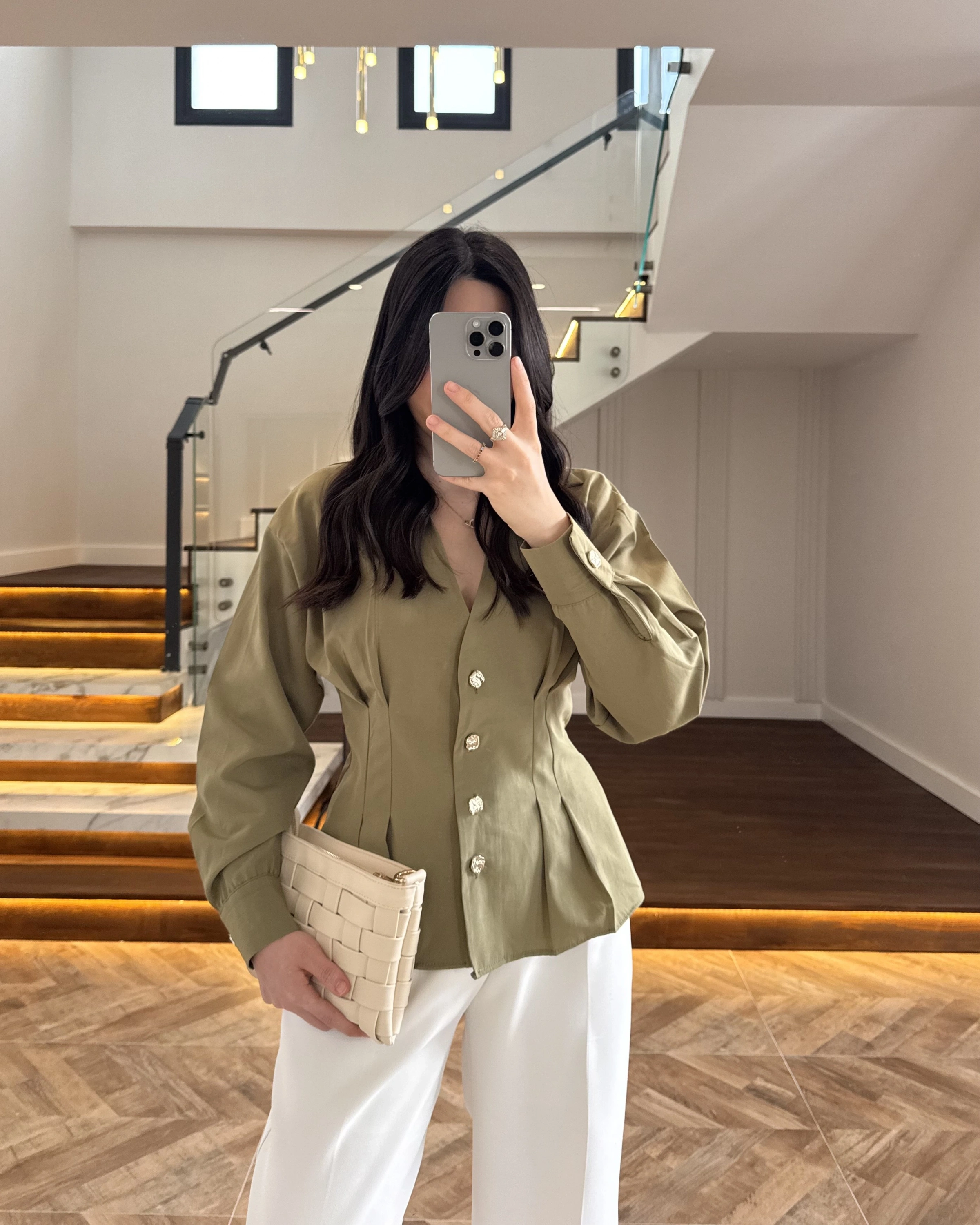 HAKİ PİLE DETAY V YAK GÖMLEK-2222