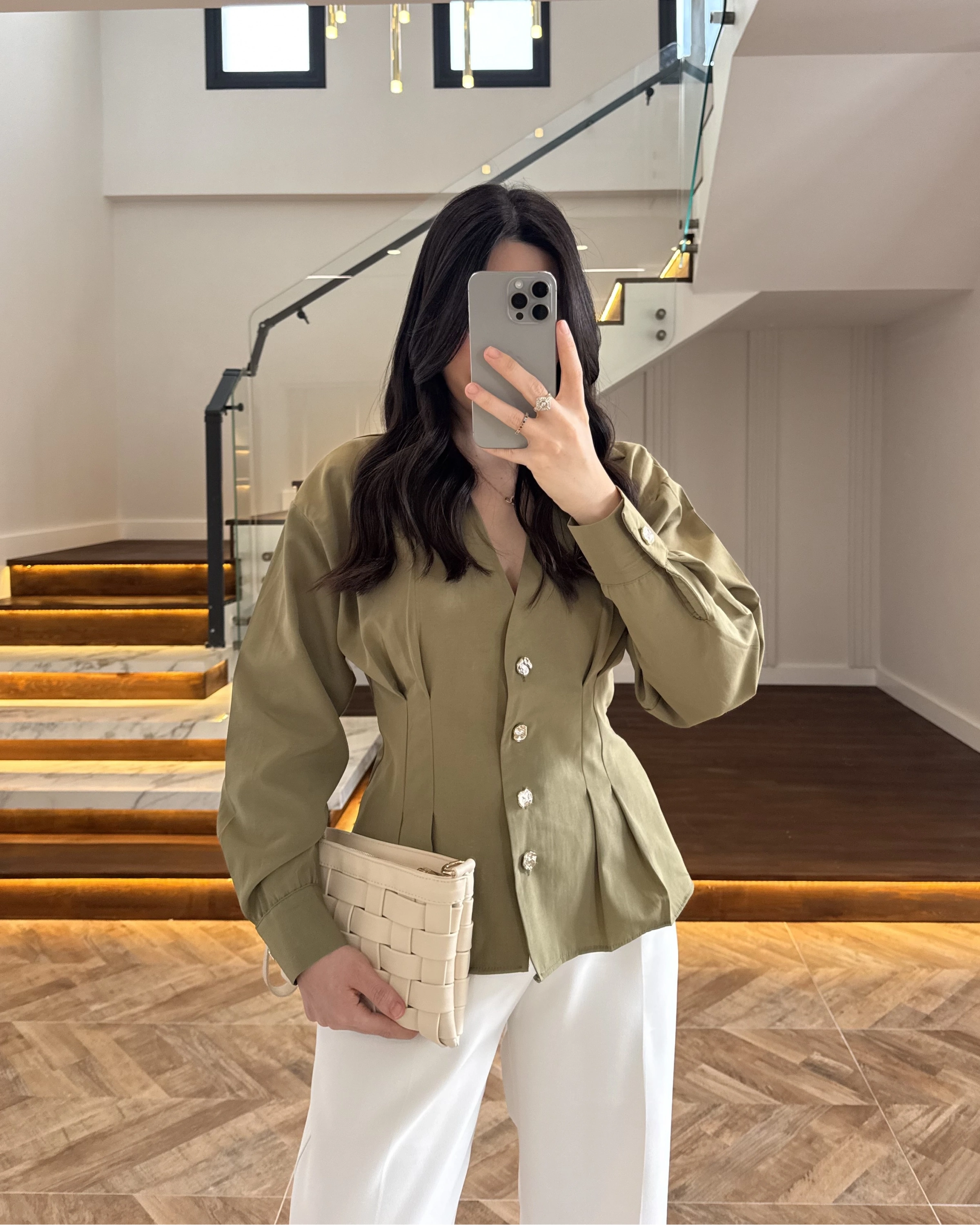 HAKİ PİLE DETAY V YAK GÖMLEK-2222