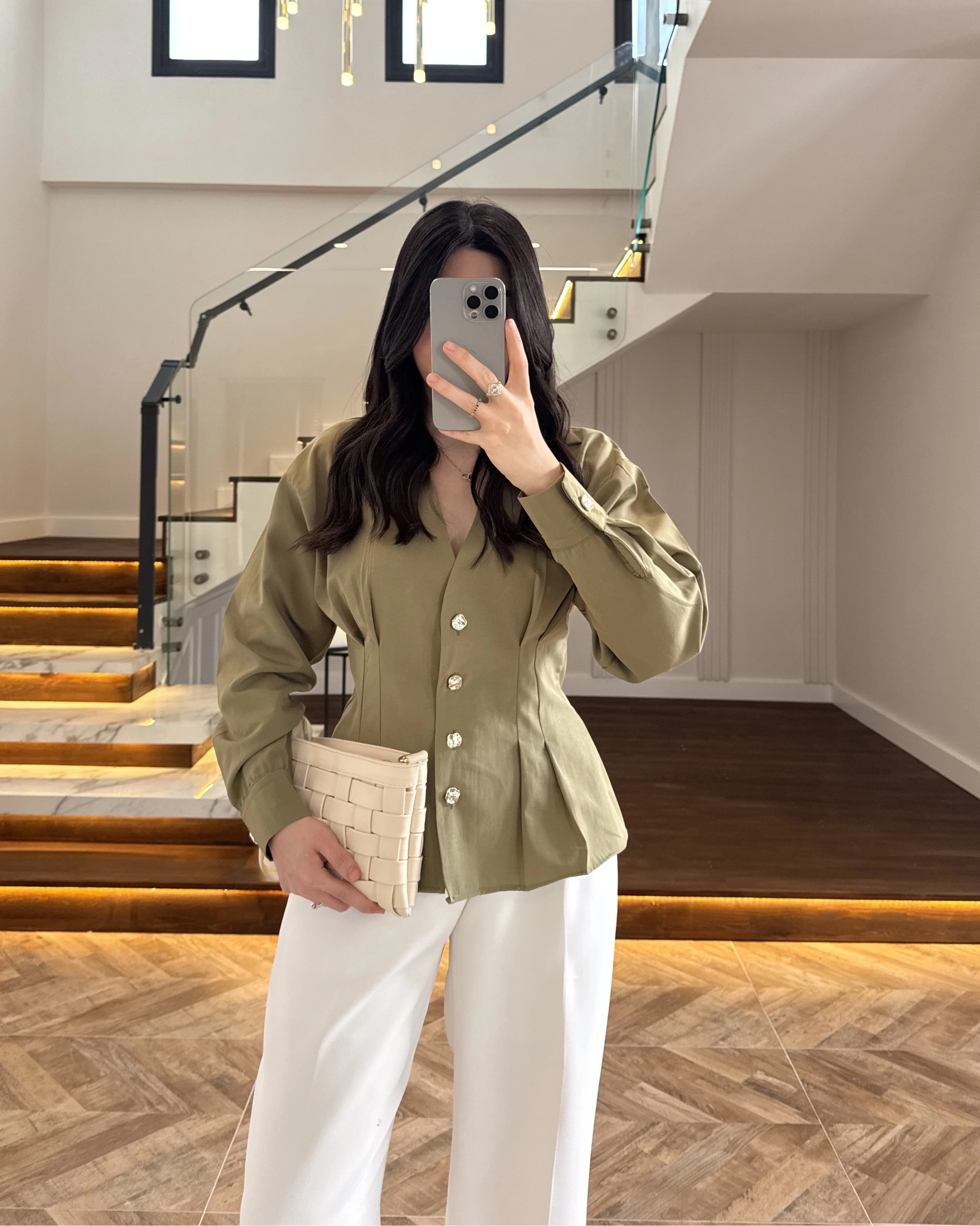 HAKİ PİLE DETAY V YAK GÖMLEK-2222