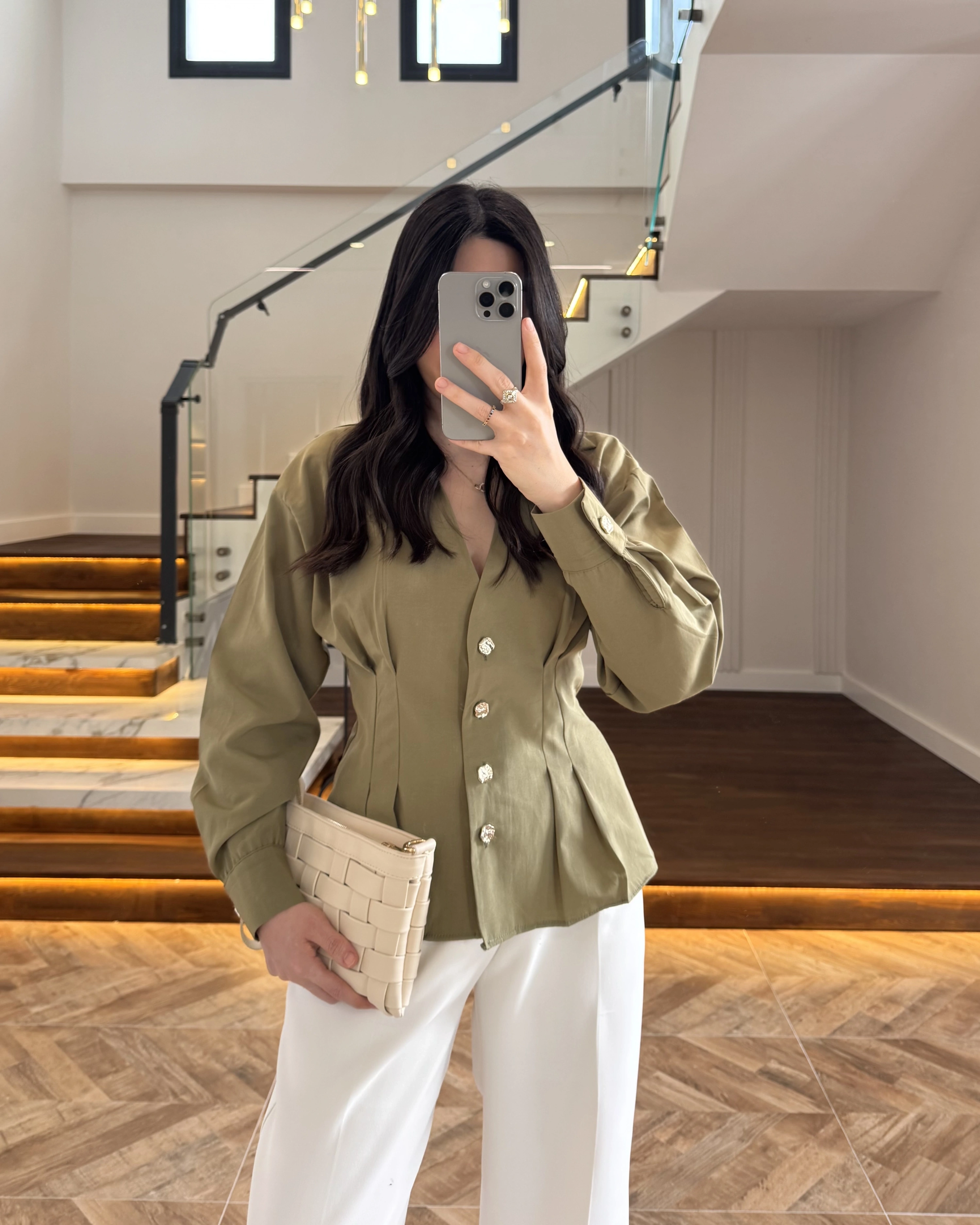 HAKİ PİLE DETAY V YAK GÖMLEK-2222