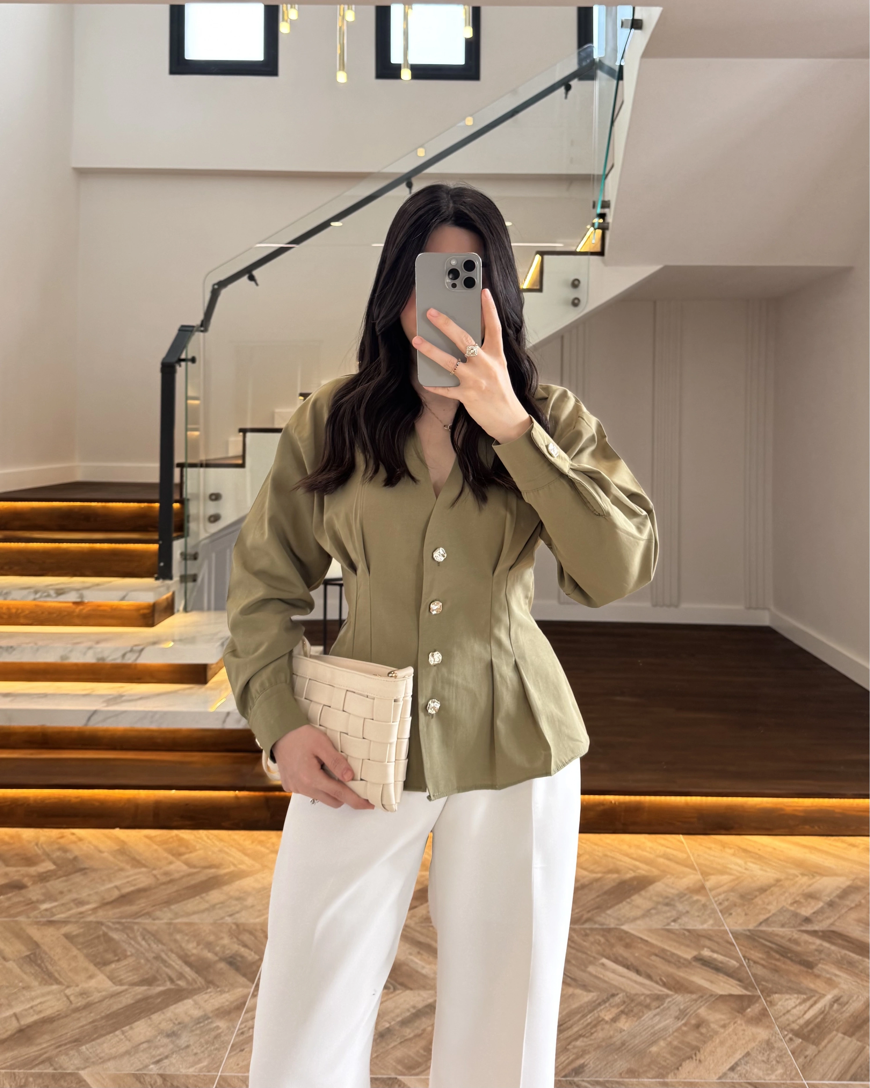 HAKİ PİLE DETAY V YAK GÖMLEK-2222