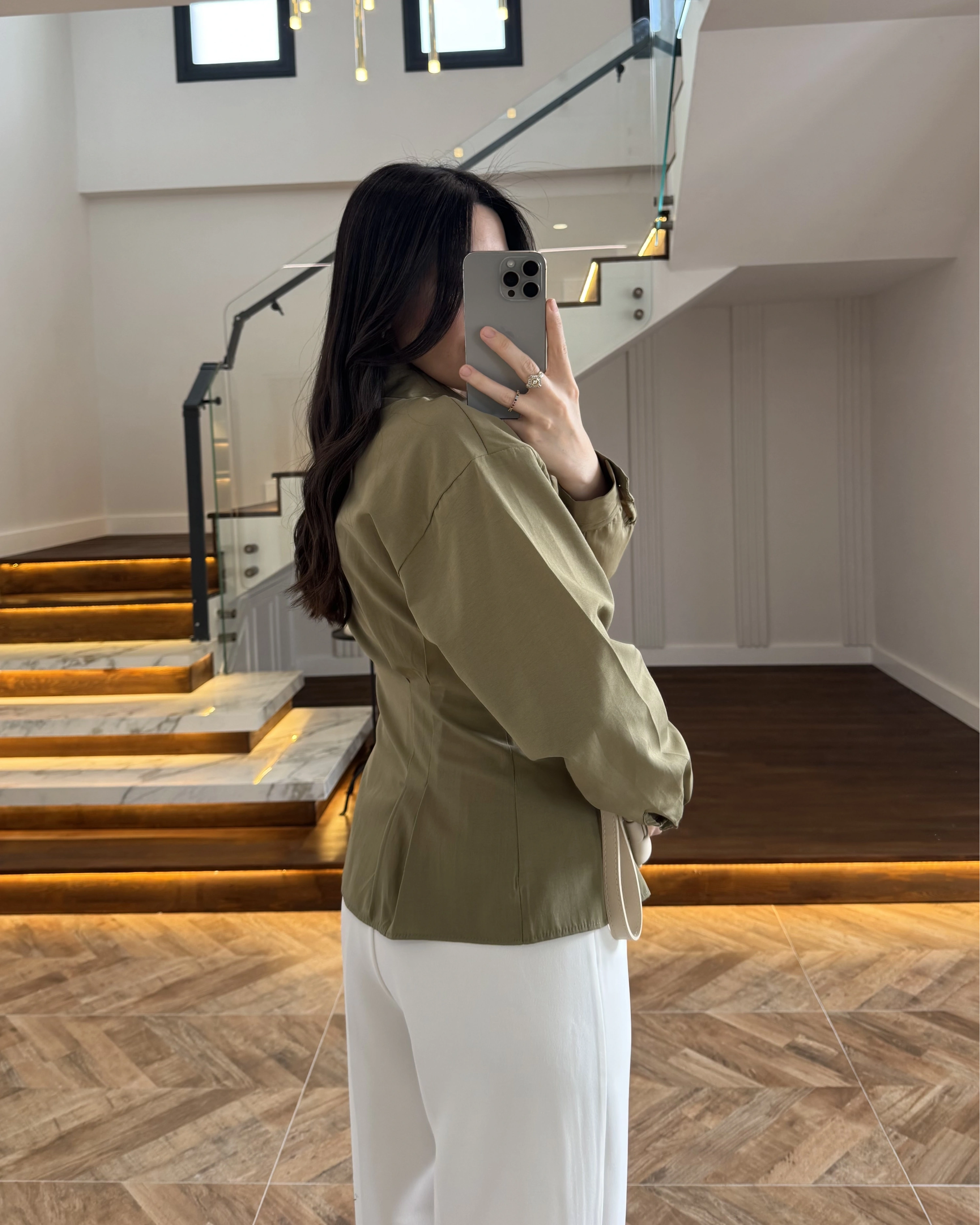 HAKİ PİLE DETAY V YAK GÖMLEK-2222