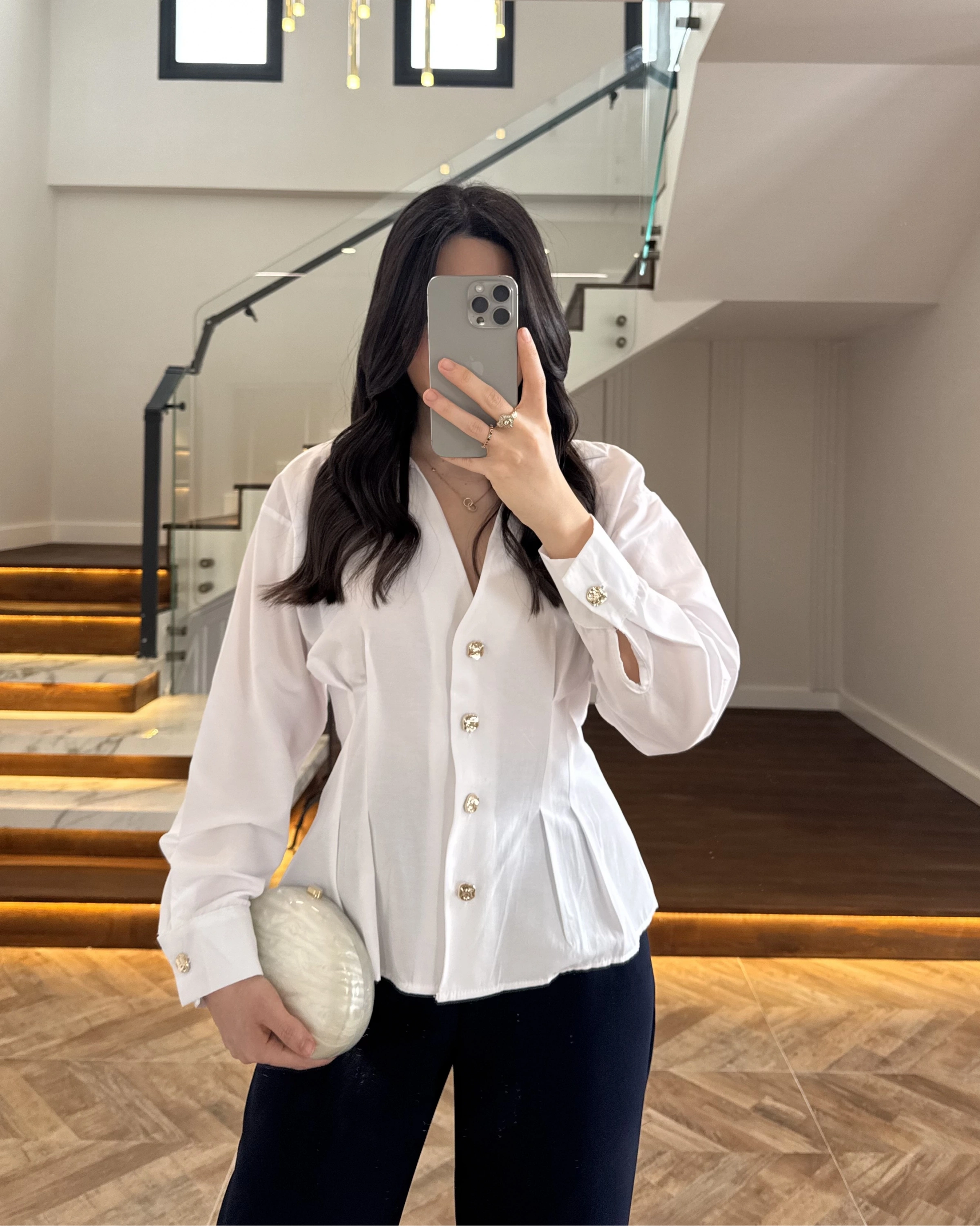 BEYAZ PİLE DETAY V YAK GÖMLEK-2222